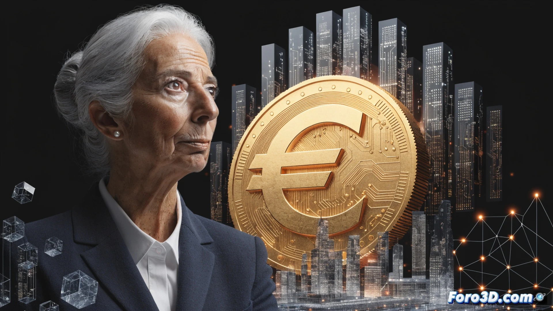 European Central Bank headquarters at night, glowing blue euro symbol above entrance, Christine Lagarde standing at podium gesturing toward a digital world map displaying euro currency flows connecting major global cities, financial data streams merging into a unified European capital markets network, a broken Visa and Mastercard logo fading in background, citizens holding smartphones showing increased transaction control, cinematic photorealistic visualization, dramatic blue and gold lighting, ultra-detailed architectural glass reflection, geopolitical stability infographic subtly embedded in holographic display, technical financial infrastructure render