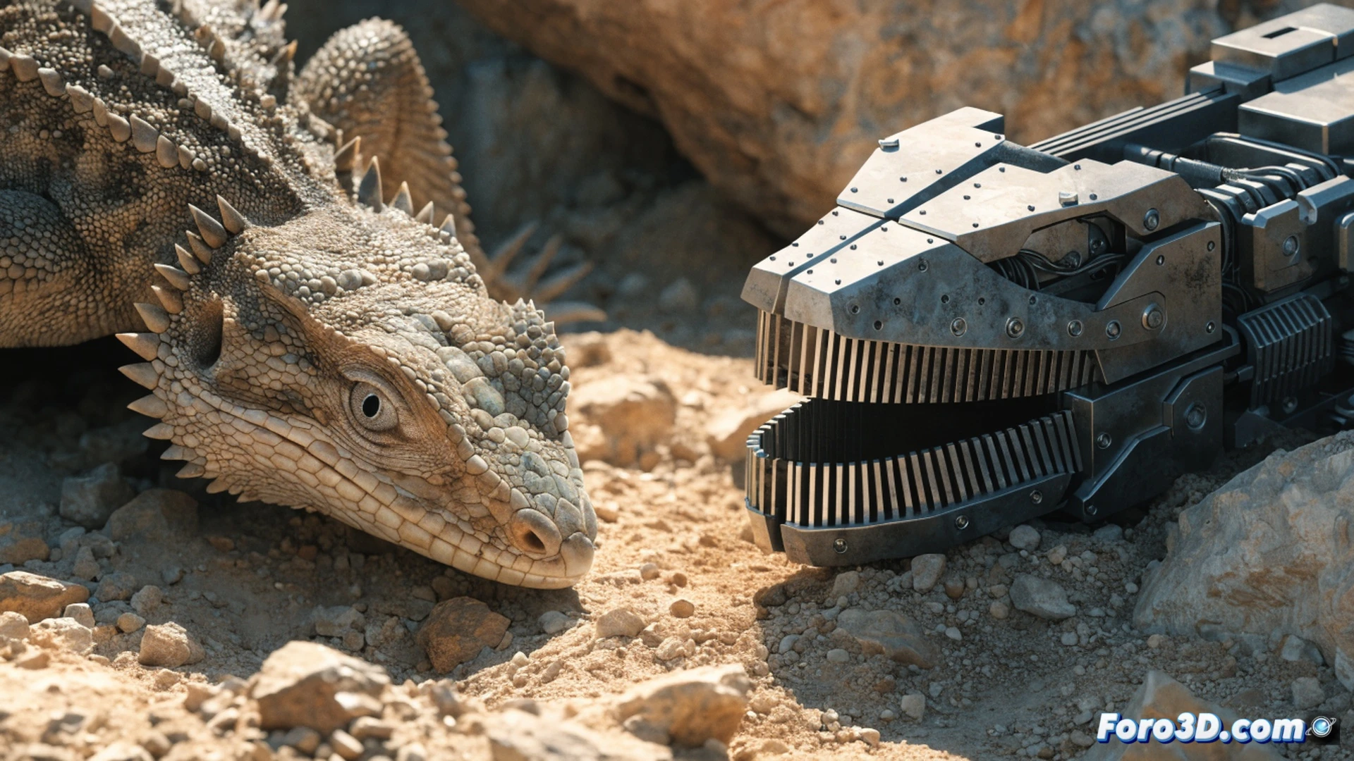 dispositivo biomimético de extracción de agua del suelo, lagarto del desierto con microcanales en la piel replicados en un panel metálico texturizado, sistema de purificación activo mostrando partículas de plomo y arsénico siendo filtradas al 95%, mandíbula mecánica articulada realizando movimiento de succión sobre suelo seco y agrietado, tubos de microfluidos transparentes transportando agua purificada hacia un recipiente de vidrio, ingeniería de precisión con sensores y circuitos integrados visibles, iluminación de laboratorio fría y dramática, fondo de desierto árido con dunas borrosas, estilo cinematográfico photorealistic, render técnico ultradetallado, texturas de polvo y arena en primer plano, acción de recolección en progreso