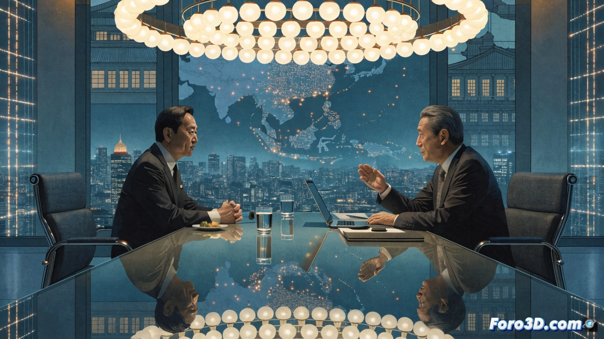 Taiwanese president Lai shaking hands with a Japanese diplomat on a conference stage in Taipei, both standing behind a futuristic digital display showing a glowing map of the Indo-Pacific region with connected trade routes and data nodes, a holographic globe rotating beside them, visible server racks and network cables in the background, cinematic photorealistic visualization, dramatic blue and white lighting, polished wooden podium with microphones, sleek modern interior, ultra-detailed facial expressions of mutual respect, technical engineering aesthetic with clean lines and metallic accents
