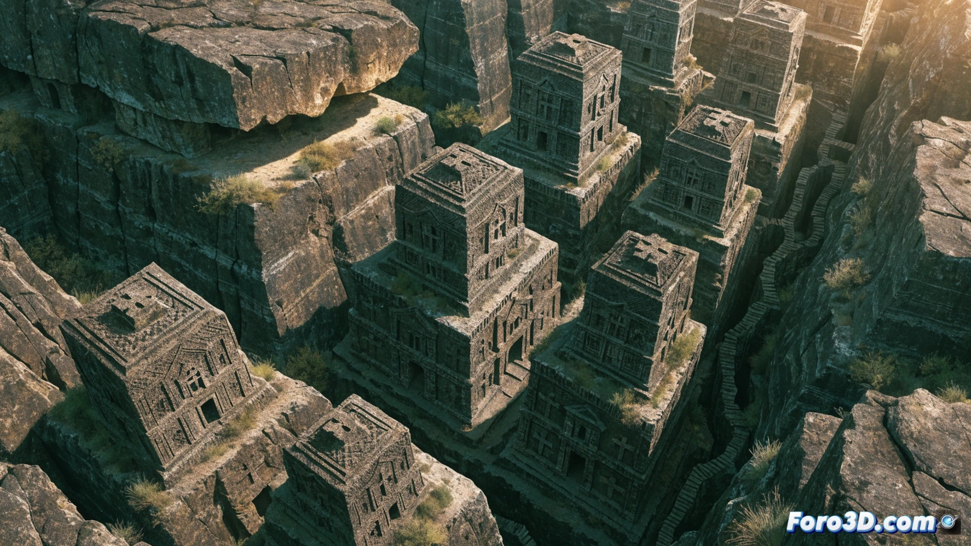 medieval ethiopian stonecutters excavating a monolithic church from top down into basalt rock, workers removing massive stone blocks using iron chisels and wooden levers, deep trench forming around the structure, tunnels connecting adjacent excavation sites, dramatic sunlight casting long shadows into the pit, rough-hewn rock surfaces showing chisel marks, dust particles suspended in air, cinematic photorealistic technical illustration, warm earthy tones, volumetric lighting, ultra-detailed rock textures, engineering visualization of subtractive construction process