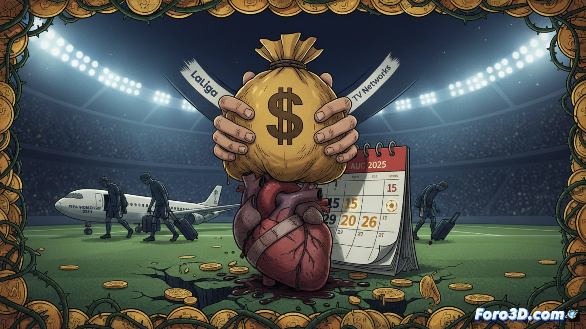 professional football calendar conflict visualization, a crowded stadium on opening day with a giant television broadcast truck in foreground, exhausted players collapsing near the center circle while a digital clock shows 15 August, club executives in suits counting money on a tablet beside a medical chart showing rising injury statistics, cinematic photorealistic style, harsh floodlight shadows contrasting with cold stadium blue light, sweat droplets visible on player faces, medical kit and ice packs scattered on sideline, ultra-detailed grass texture and jersey fabric, dramatic tension between commercial celebration and physical exhaustion