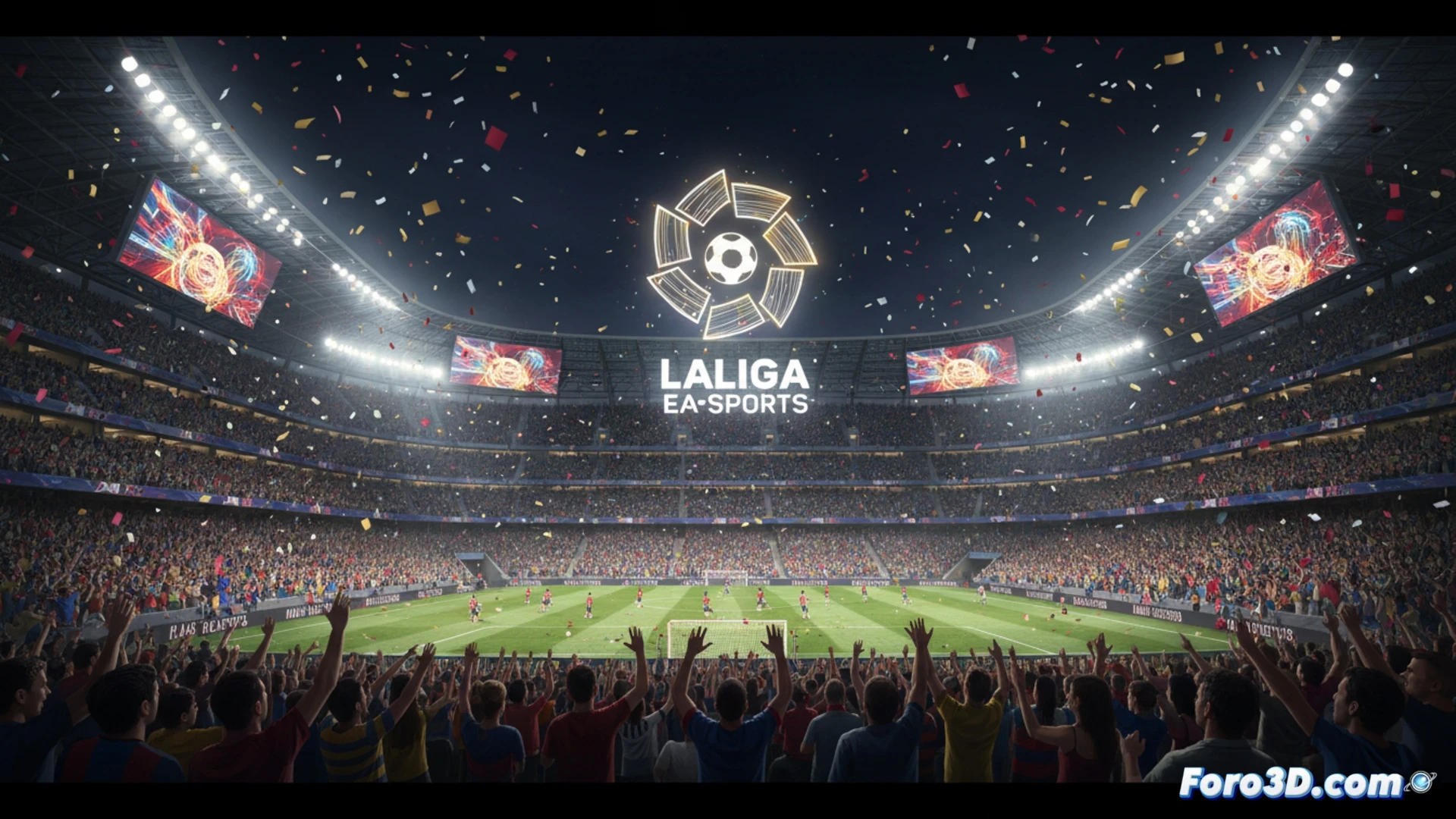 Panoramic view of a packed stadium interior during a LaLiga match, crowd cheering while waving team scarves, construction scaffolding visible on one side of the stadium under renovation, digital turnstile counters showing increasing attendance numbers, workers monitoring spectator flow on tablets, cinematic photorealistic style, dramatic floodlight beams cutting through evening haze, detailed textures of seats and concrete structures, motion blur on waving flags, realistic crowd density, warm amber and cool blue lighting contrast, ultra-detailed fan expressions, technical sports illustration
