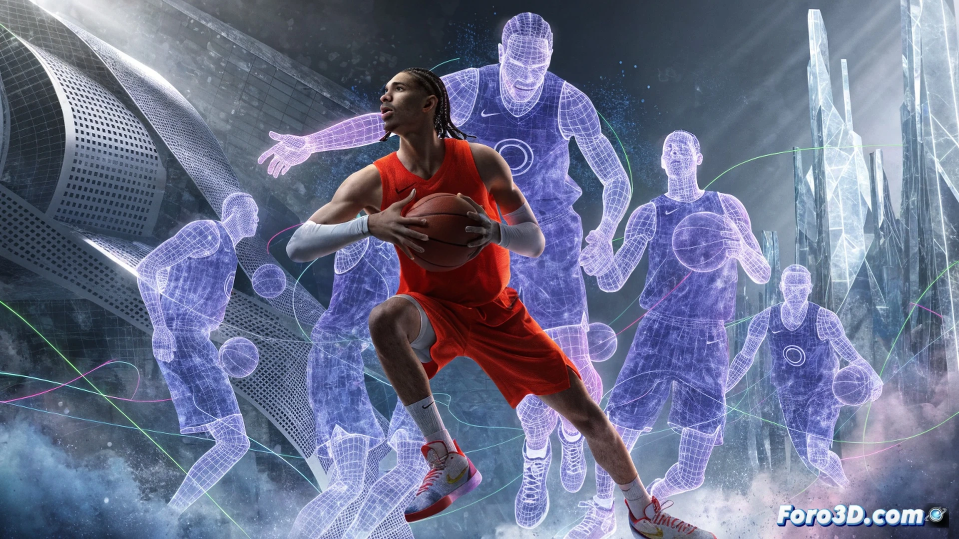 basketball player executing a no-look pass mid-air, trajectory of the ball bending around a defender in a curved arc, three-dimensional spatial mapping lines glowing around the court, defensive players frozen in confusion while the ball moves through a transparent holographic grid, cinematic sports visualization, dynamic motion blur, neon blue and purple vector lines tracking player movement and passing angles, photorealistic human anatomy with technical overlay, dramatic stadium lighting, iso 400 texture, ultra-detailed sneaker grip and jersey fabric