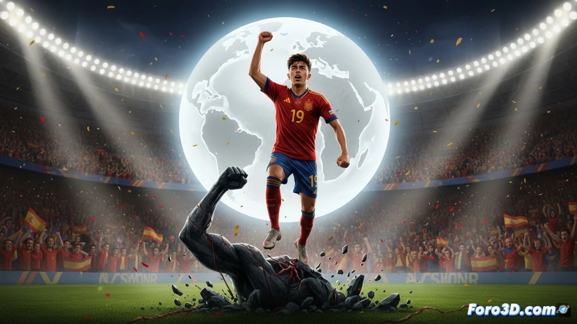 young footballer in motion on a green pitch, explosive sprint action showing leg muscles tensed, bíceps femoral injury area highlighted with a subtle glowing anatomical overlay, football boots pressing into grass, dynamic posture of overcoming obstacle, cinematic sports visualization, dramatic low-angle sunlight, sweat droplets frozen mid-air, photorealistic athletic render, ultra-detailed muscle definition, stadium floodlights in background, intense focus on face showing determination
