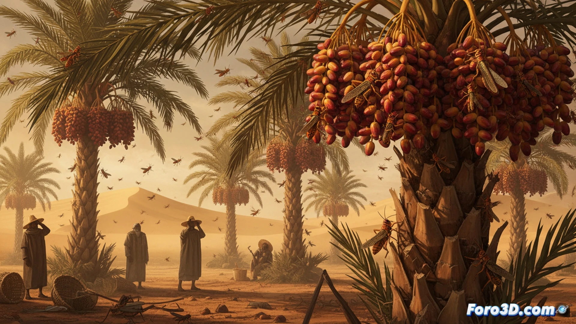 aerial view of desert locust swarm descending on date palm plantation in Errachidia Morocco, thousands of insects covering clusters of ripe dates while farmers in traditional dress use smoke generators and handheld sprayers to fight the infestation, dry cracked soil beneath the palms, dust particles suspended in hot air, dramatic golden sunset lighting, cinematic photorealistic agricultural crisis scene, motion blur of locust wings, distressed palm fronds being stripped bare, realistic insect detail with compound eyes and translucent wings, technical documentary style