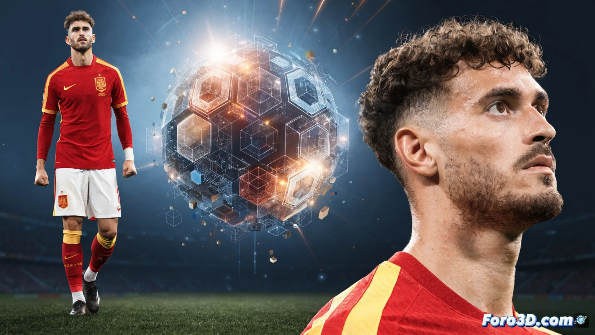 spain national football team defensive formation on a digital tactical screen, aymeric laporte pointing at a glowing 32-game unbeaten streak counter on a tablet, saudi arabia opponent analysis data overlay, players in red jerseys executing a training drill on a green pitch visible through a glass window, cinematic photorealistic engineering visualization, tactical diagrams and heat maps floating in augmented reality, dramatic stadium lighting, ultra-detailed sports technology interface, motion blur on passing action