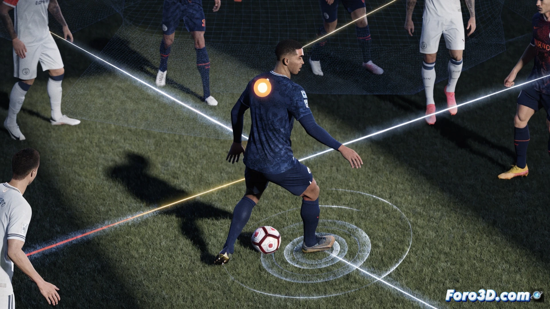 3D tactical analysis of Aymeric Laporte positioning as central defender, laser-like pass trajectory breaking through opponent midfield lines, GPS tracking data points mapping his movement patterns across the pitch, augmented reality interface showing his anticipation of play, glowing blue pass lines connecting his foot to distant teammate, defensive zone highlights, photorealistic sports science visualization, cinematic stadium lighting, tactical grid overlay, ultra-detailed player model in motion, engineering-style technical illustration