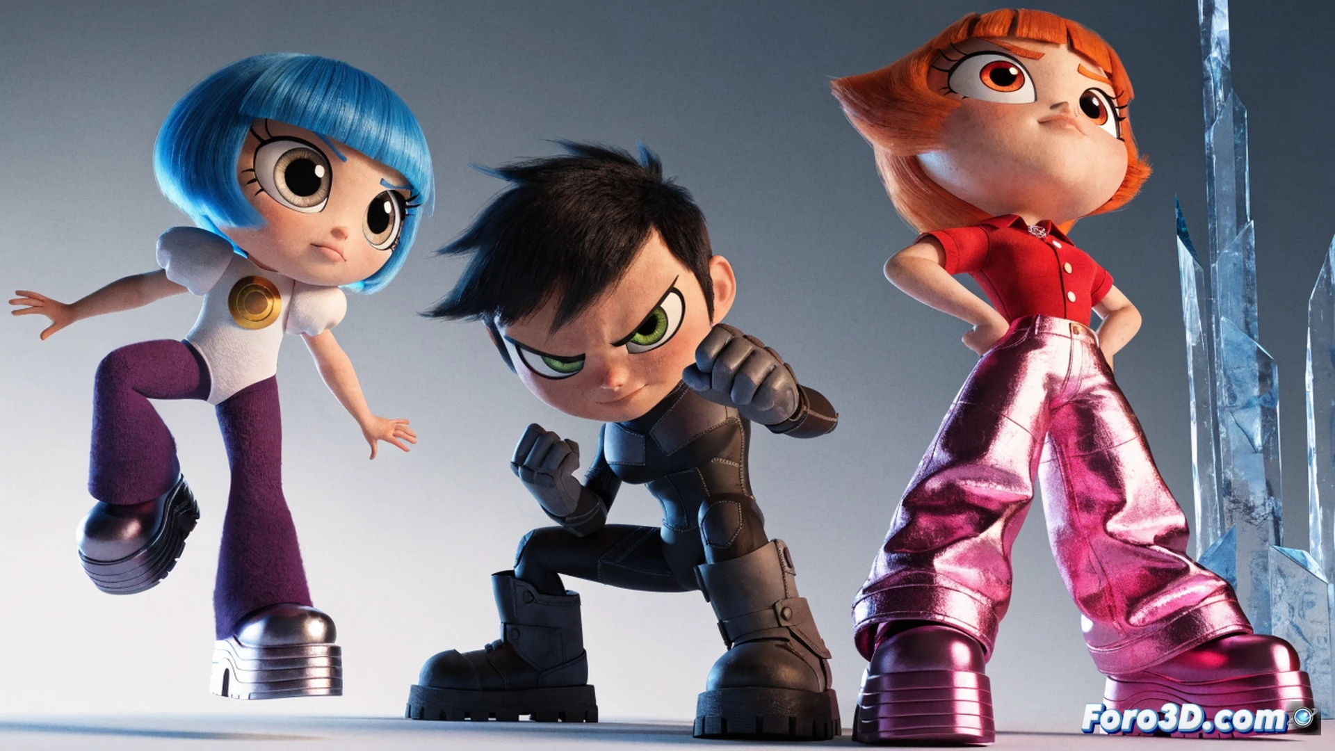 Three cartoon superhero girls mid-air punch a giant green monster robot, sparks flying from its metallic joints, one girl with red hair using a giant hammer, another with blonde hair and a laser blaster, the third with black hair holding a shield, all wearing retro 90s-style costumes, cinematic action scene, glowing neon city background, dramatic motion blur, particle effects from explosions, photorealistic render, ultra-detailed textures on skin and fabric, dynamic lighting casting long shadows, technical illustration style showing impact force lines and debris trajectories