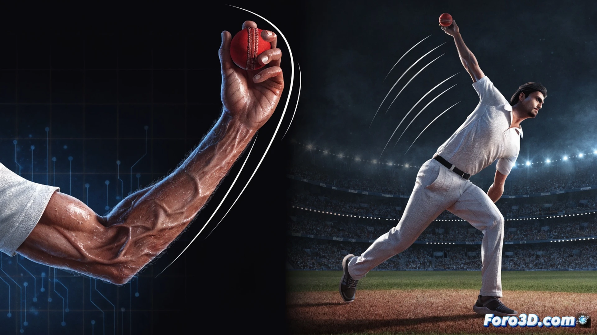 biomechanical 3D analysis of left-arm bowler Dilshan Madushanka in delivery stride, arm at high angle releasing cricket ball, wrist snap generating swing, ball trajectory curving away from batsman, translucent skeleton overlay showing shoulder rotation and forearm pronation, wireframe motion lines tracing arm arc and ball path, cricket pitch with stumps in background, technical illustration style, cool blue and white palette, high-contrast lighting, detailed muscle and joint rendering, photorealistic engineering visualization