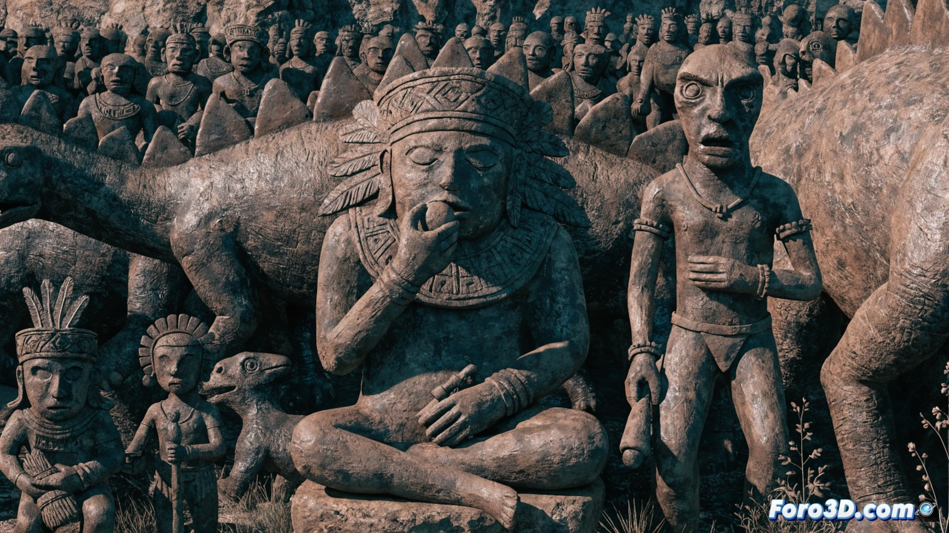 arid Mexican excavation site, 1945, thousands of clay figurines scattered across a dusty trench, a man in a fedora holding a small humanoid figure beside a triceratops statue, another figurine depicting a human riding a tyrannosaur, cracked earth and scattered tools, dramatic afternoon sunlight casting long shadows, photorealistic archaeological documentation style, weathered terracotta textures, high detail on prehistoric and human forms, cinematic depth of field, dusty atmosphere, sepia-toned technical illustration