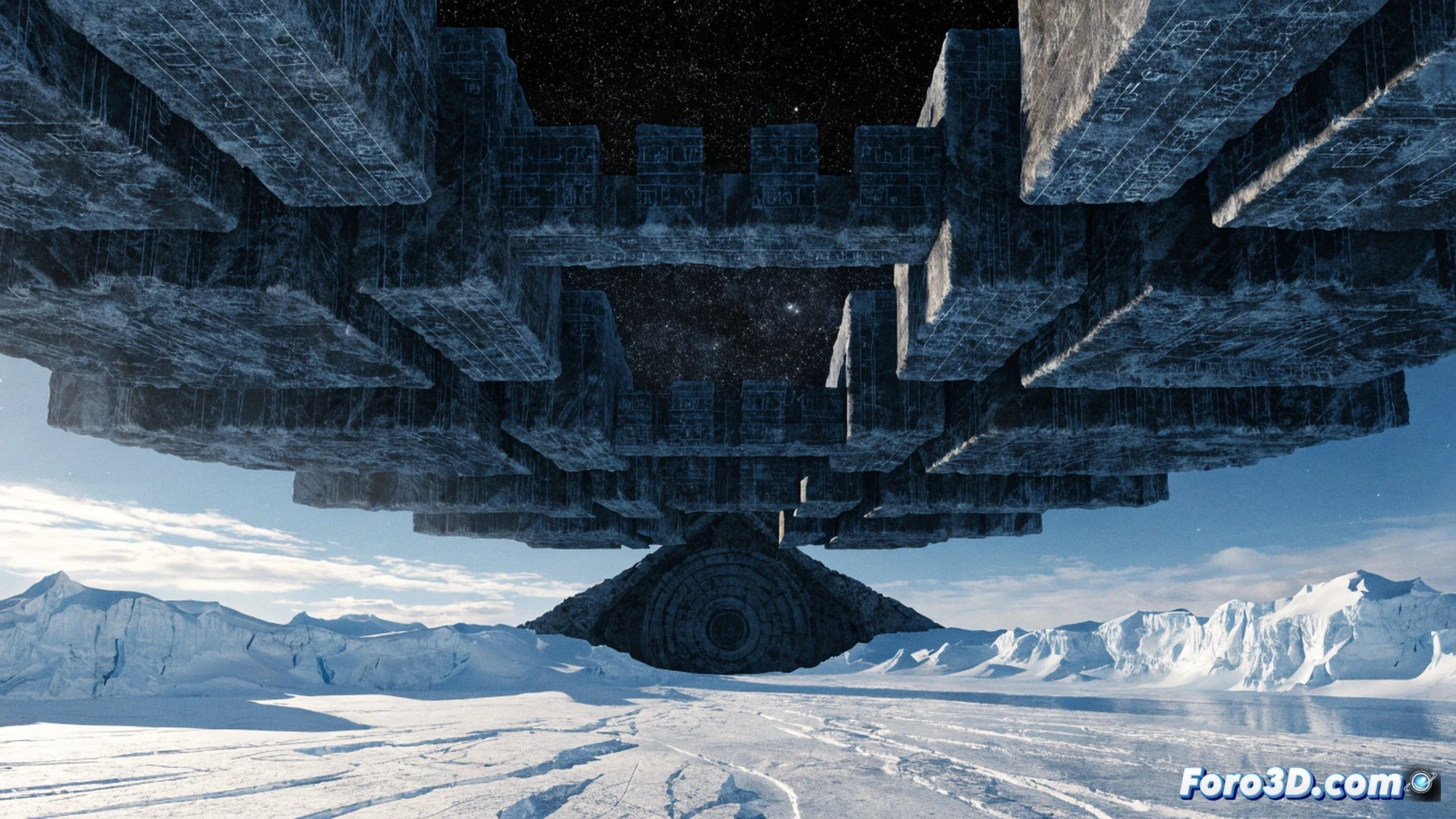 ancient megalithic stone blocks being precisely assembled by holographic light beams, glowing geometric alignment markers projecting onto stone surfaces, advanced laser cutting tools suspended in midair above granite blocks, antartic ice sheet melting revealing buried crystalline structures beneath, golden ratio patterns overlaying construction process, cinematic photorealistic engineering visualization, dramatic low-angle lighting, particle effects around energy tools, ultra-detailed stone textures, mysterious blue ambient glow from ancient technology, technical illustration style with precise geometric overlays