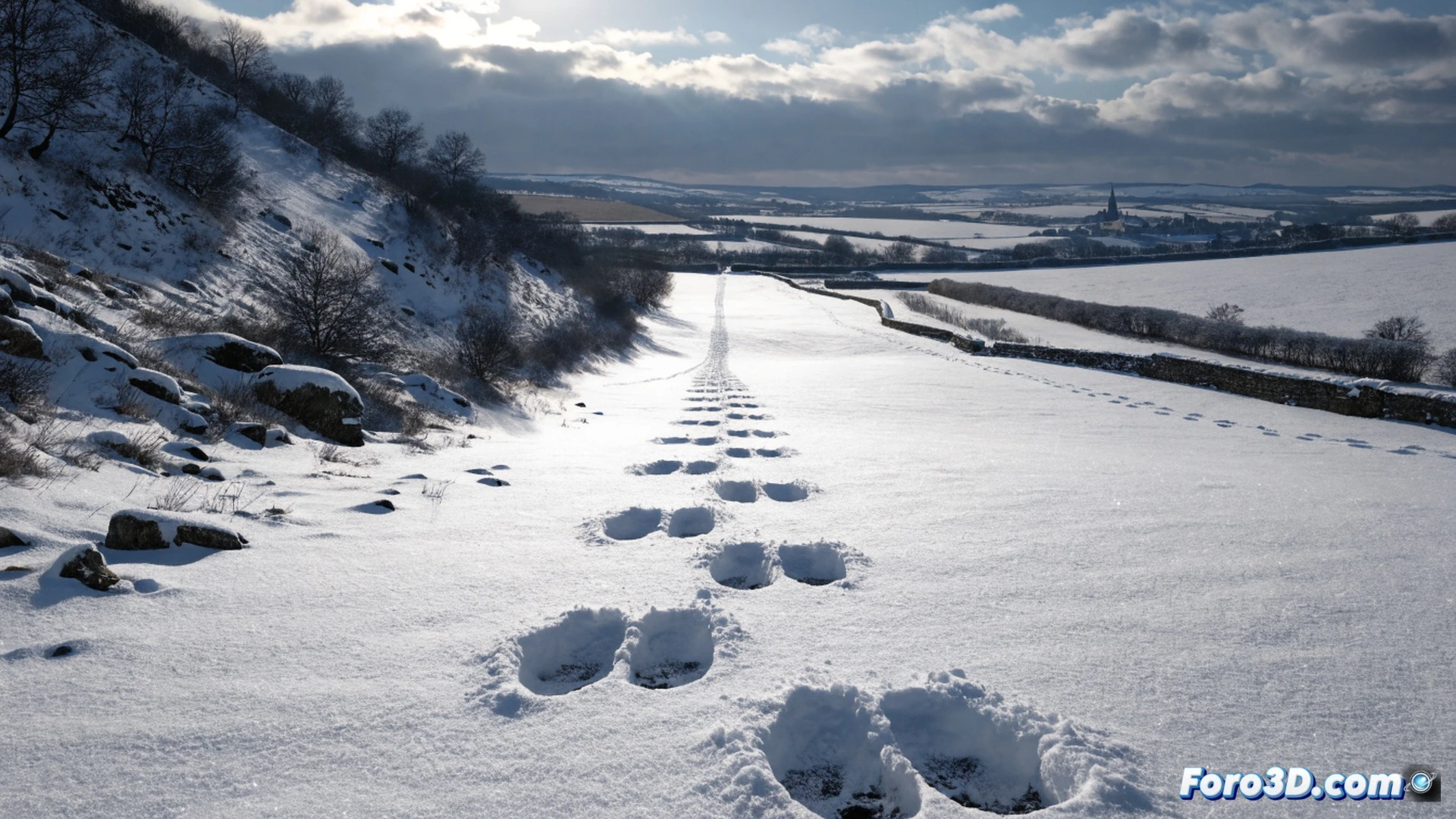 Hundreds of cloven hoof prints embedded in fresh snow, stretching in a straight line across a snow-covered field in Devon, 1855, while a group of villagers examine a print on a stone wall, showing a clear bifurcated shape, a wooden ruler placed beside it for scale, misty dawn light, snow-covered rooftops and a frozen river in the background, photorealistic historical illustration, cinematic lighting, cold blue and grey tones, ultra-detailed snow texture, dramatic shadows, technical documentation style, no text or labels visible