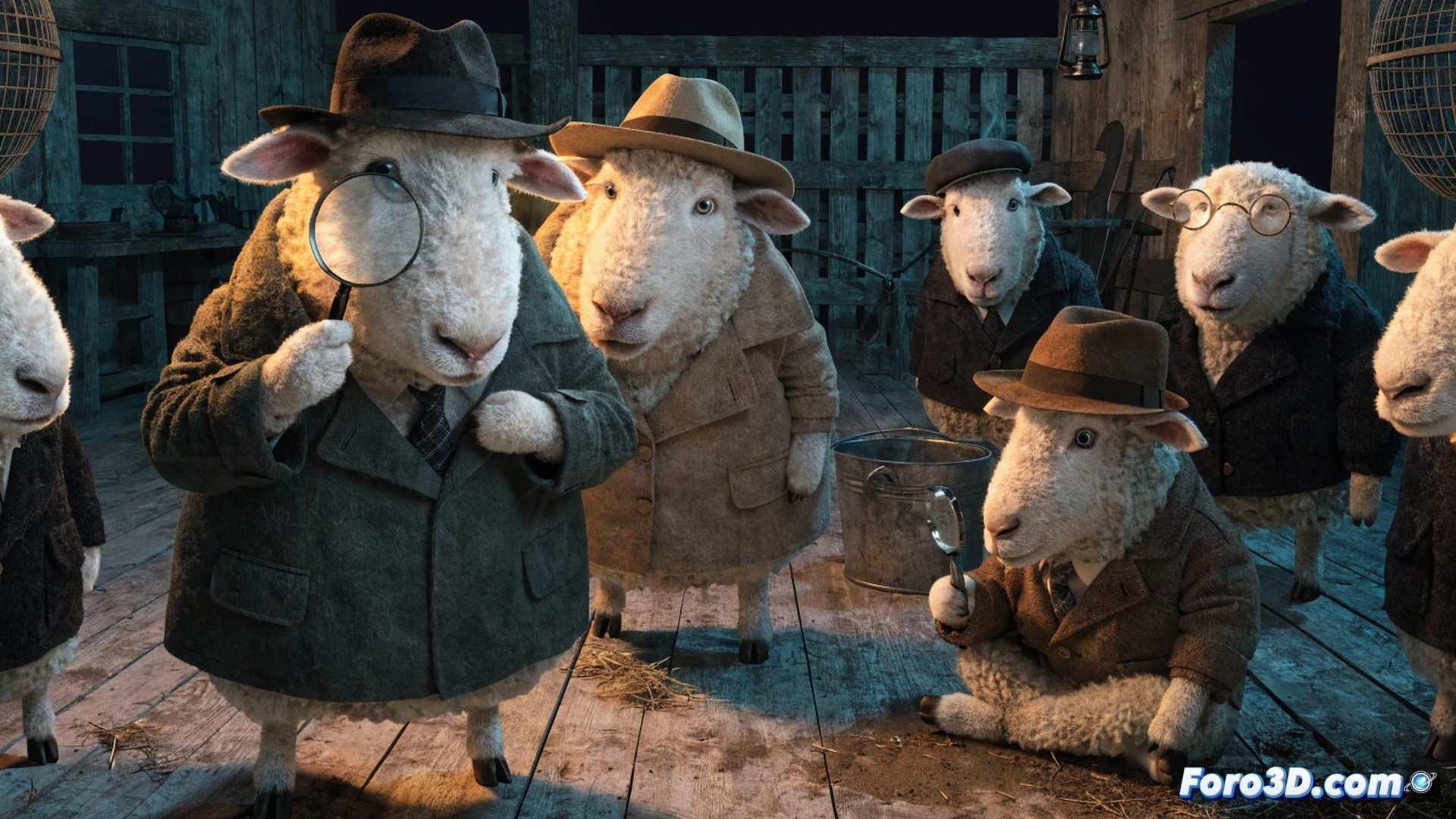 sheep detective team examining a farm crime scene, one sheep holding a magnifying glass while another inspects hoofprints near a broken fence, a third sheep wearing tiny reading glasses studying a map spread on hay bales, barn tools like pitchforks and lanterns visible in background, cozy rustic setting with warm golden hour light streaming through wooden slats, wool textures detailed, photorealistic family comedy style, cinematic composition, soft shadows, playful and warm atmosphere