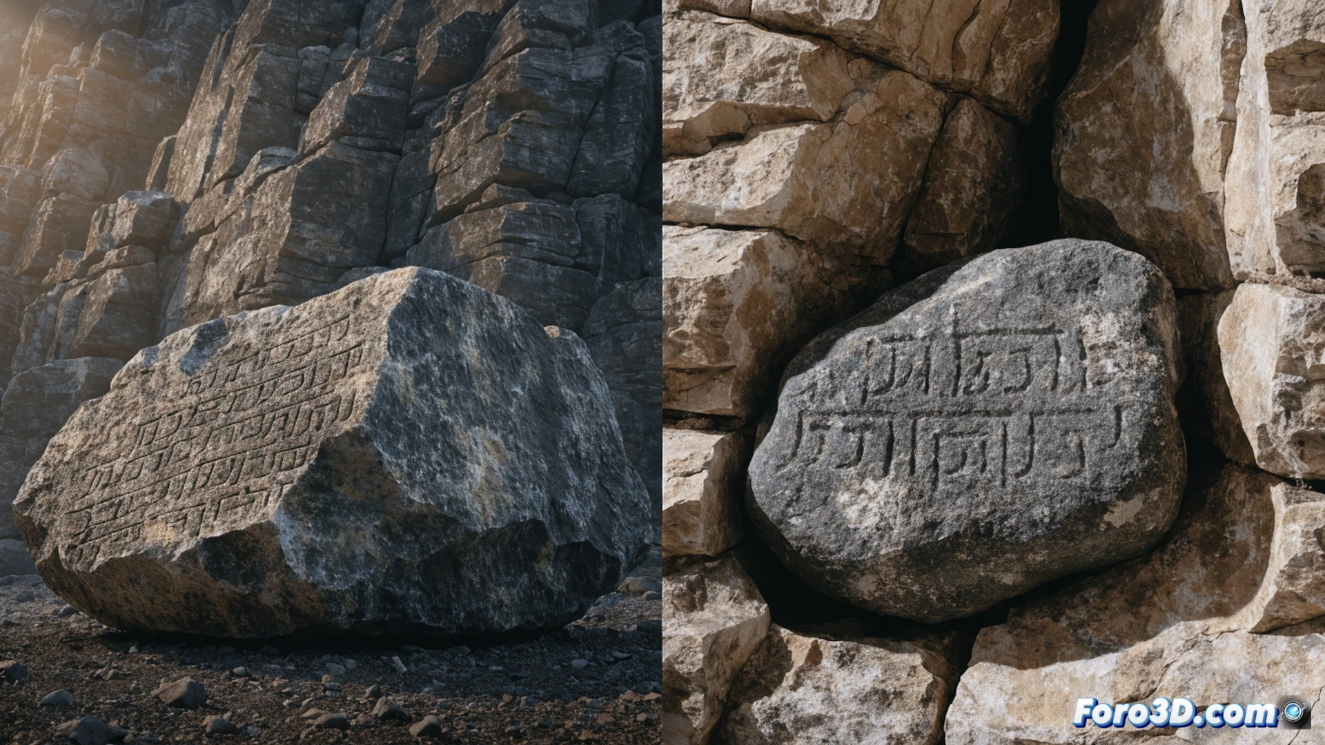 close-up of ancient stone tablets with carved Hebrew inscriptions being examined by archaeologists in a 19th-century museum workshop, one worker holding a magnifying lens over the text while another brushes dust off the stone surface, worn chisel marks and cracked edges visible, dim oil lamp lighting casting long shadows, wooden display case in background, photorealistic historical illustration, aged patina on stone, dust particles floating in the air, dramatic chiaroscuro, ultra-detailed texture of rock and tool marks, cinematic museum interior