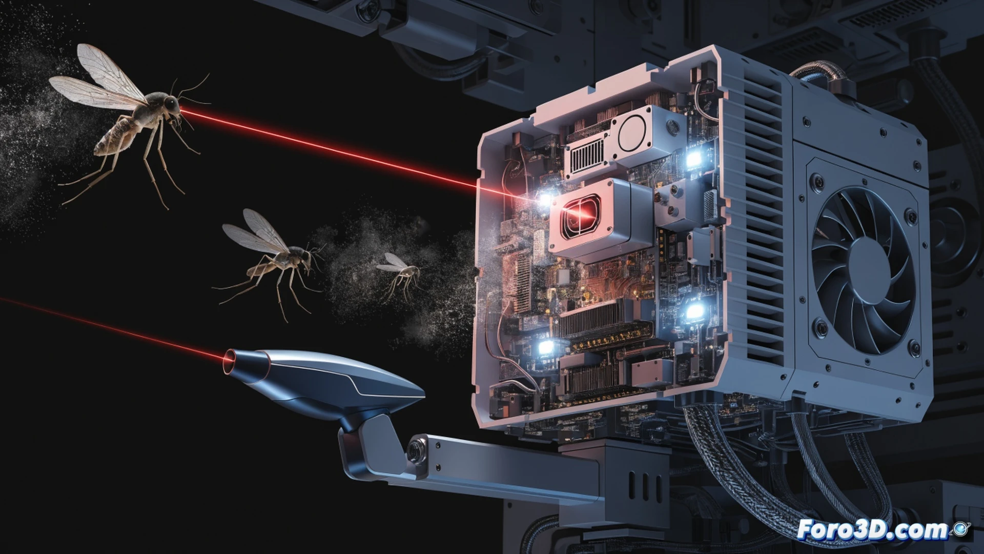 Photorealistic technical scene: a compact laser device mounted on a wall, emitting a thin blue beam toward a mosquito in mid-flight, insect illuminated mid-air with glowing wing blur, AI targeting system interface projected as holographic overlay showing crosshair and trajectory lines, device casing with cooling vents and sensor array, warm indoor room background with soft shadows, dramatic spotlight effect on the laser path, motion freeze action shot, ultra-detailed mechanical components, cinematic engineering visualization style, realistic plastic and metal textures, slight dust particles visible in beam path