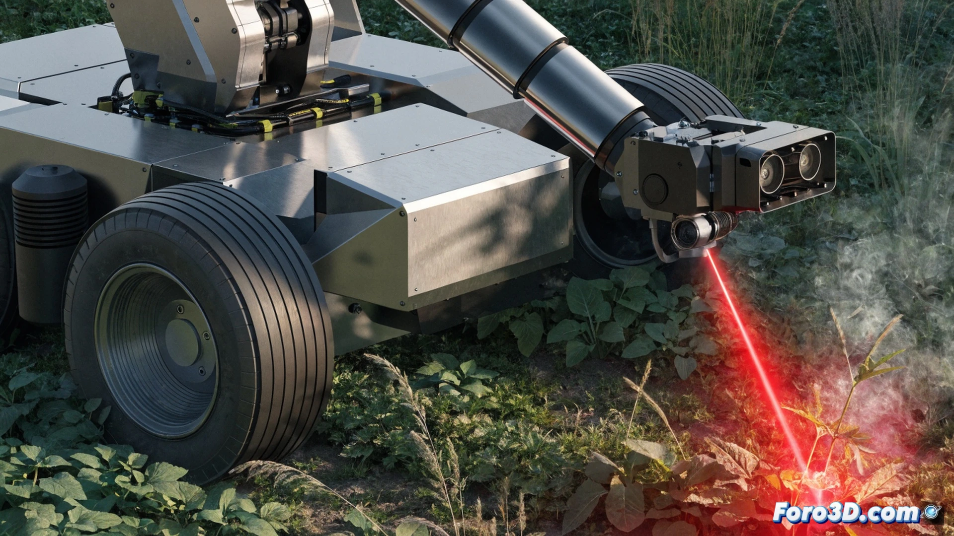 Autonomous agricultural robot LaserWeeder in a sunlit field, high-resolution cameras scanning leafy crops while AI identifies a weed, a precise thermal laser beam firing to incinerate the unwanted plant without chemicals, smoke rising from the targeted spot, robotic arm with optical sensors and laser emitter in action, green plants contrasting with dry soil, photorealistic engineering visualization, dramatic outdoor lighting, detailed mechanical components and circuit boards visible, clean farmland background, ultra-realistic technical render