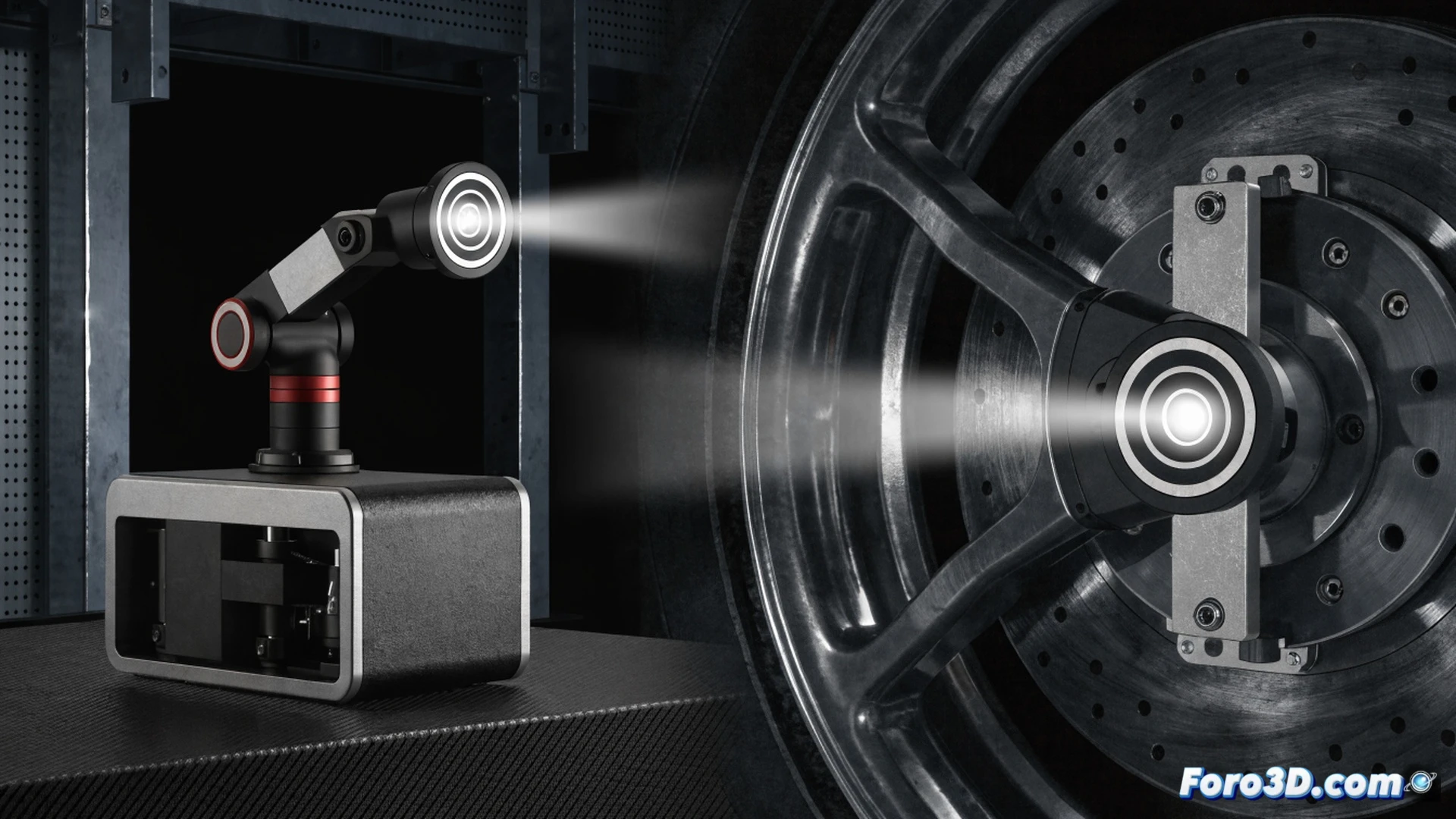 automotive workshop scene, a mechanic using the portable 3D wheel aligner X613 on a raised car, four sensor targets mounted on each wheel, a tablet display showing real-time alignment angles and red-green measurement bars, laser beams projecting from the main unit to the wheel targets, car front suspension visible with tie rods and control arms, bright LED lighting illuminating the equipment, concrete floor with tire marks, photorealistic technical visualization, sharp focus on the alignment process, cinematic industrial lighting, metallic tool textures, clean professional environment