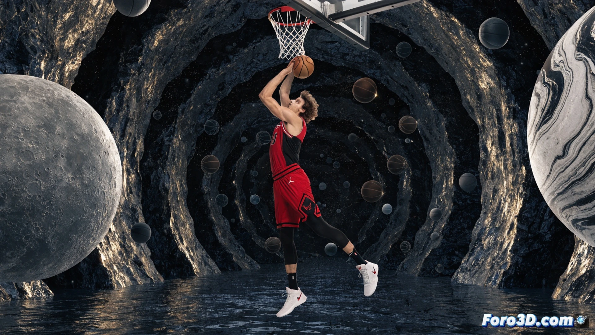 basketball player 2.13 meters tall executing a jump shot from three-point range, biomechanical analysis overlay showing shooting arm angle and leg drive, defensive player lunging forward out of position, open court space behind the shooter, technical 3D visualization with skeletal motion lines and joint angles, photorealistic render, arena lighting casting long shadows, muscle definition visible through jersey, ball spinning with visible seam rotation, hardwood floor reflection, cinematic sports science illustration