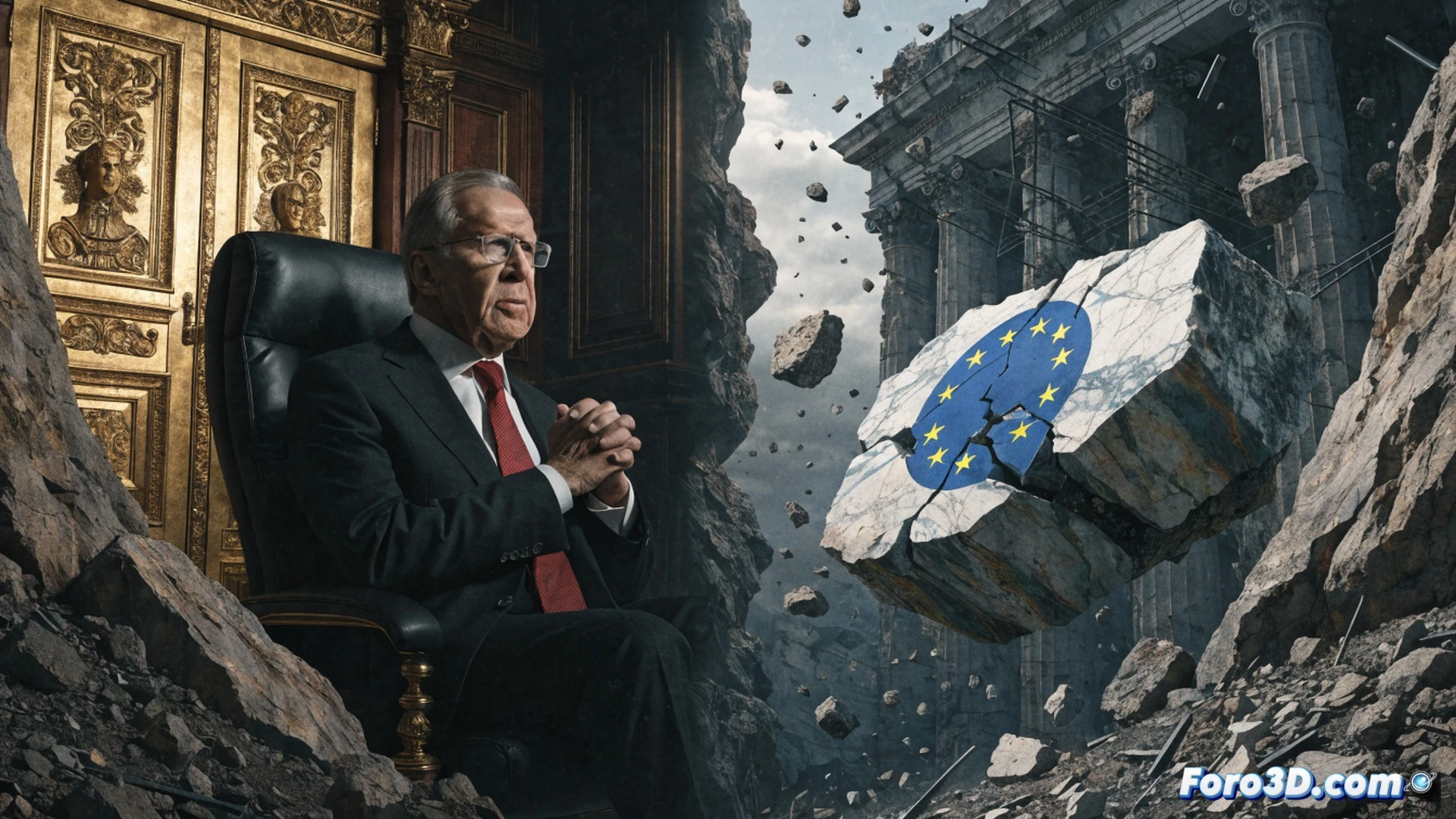 EU flag cracking like broken glass, Ukraine map piece sliding into a fractured European structure, Moldovan outline falling into the gap, dark storm clouds gathering over Brussels skyline, financial charts plummeting, supply chain pipelines bursting with sparks, military silhouettes advancing through smoke, cinematic photorealistic visualization, dramatic low-angle lighting, metallic shards reflecting warning red glows, ultra-detailed political cartography elements, engineering-style technical illustration of systemic collapse