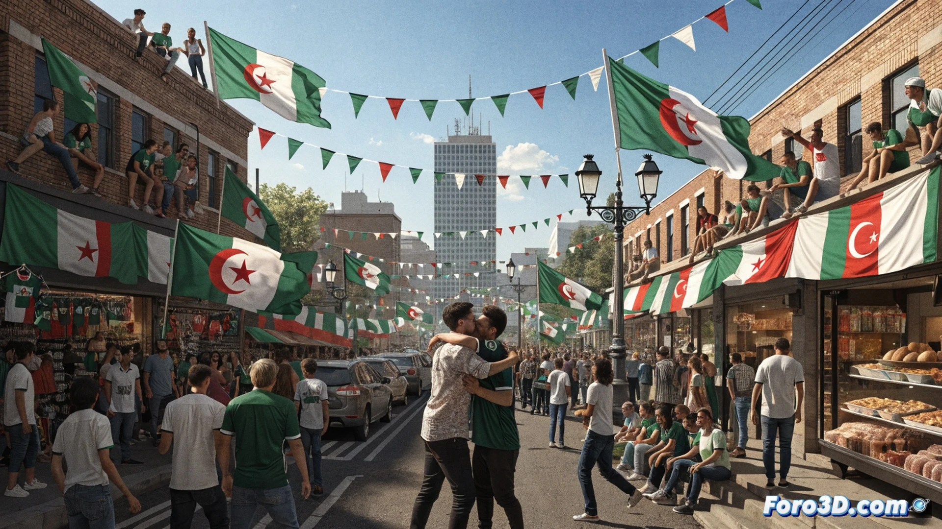 crowded street in Lawrence Kansas transformed into Algerian World Cup celebration, fans waving green and white flags while wearing numbered football jerseys, halal food cart grilling merguez sausages in foreground, local shop window displaying Algerian team scarves and keffiyehs, joyful crowd cheering during match broadcast on outdoor screen, cinematic photorealistic style, golden hour lighting casting long shadows, motion blur from dancing people, bokeh effect on distant buildings, ultra-detailed fabric textures and expressions, dynamic celebratory atmosphere