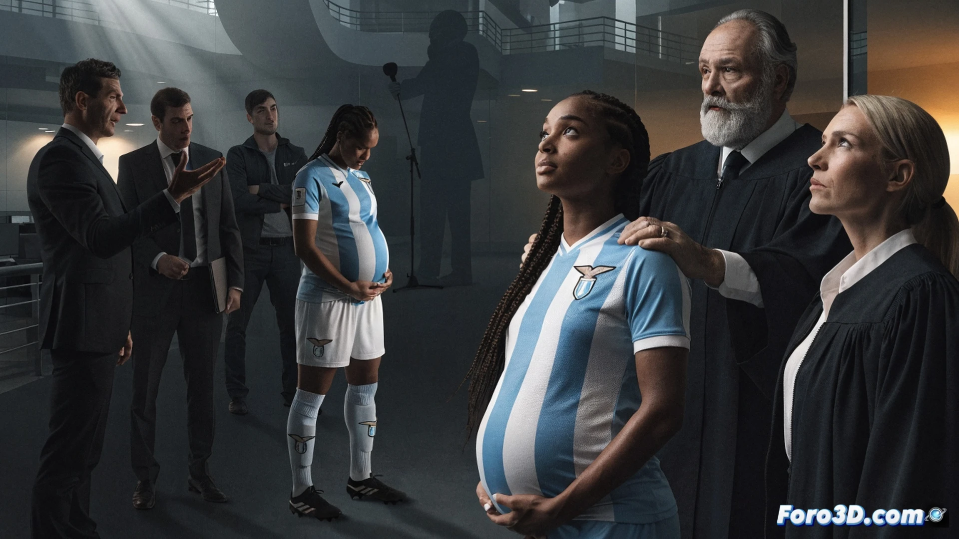 Professional football stadium tunnel, a female athlete in team tracksuit holding a small soccer ball, her pregnant belly visible, standing next to a legal document with a gavel on a table, a club executive turning away while a judge figure points at the document, dramatic courtroom lighting, photorealistic cinematic style, high contrast shadows, marble floor reflections, tension in body language, symbolic justice scales in background, ultra-detailed textures, technical legal illustration