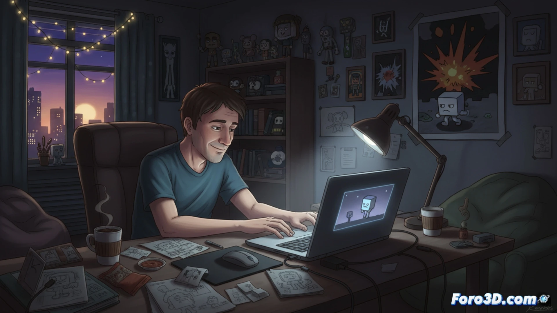 young male animator working intensely on a laptop in a dimly lit room, laptop screen displaying a chaotic 2D animation scene with a dark-humored character, basic animation software interface visible with timeline and simple brush tools, scattered papers and a coffee cup on the desk, laptop fan vents glowing faintly with heat, messy cables and a single desk lamp casting dramatic shadows, cinematic documentary-style lighting, realistic textures on the laptop keyboard and plastic casing, shallow depth of field focusing on the screen and the animator's hands, photorealistic technical illustration