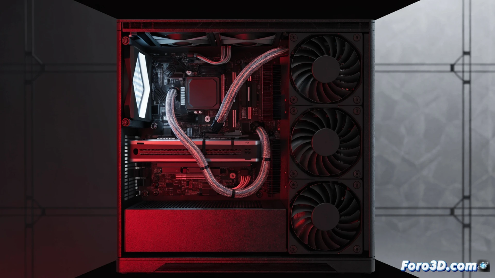 PC gaming tower with transparent side panel showing AMD Ryzen 5 cooler, Radeon RX 9060 XT graphics card, and 16GB RAM modules, a hand holding a standard screwdriver while installing a new component into an open motherboard slot, components scattered on a desk including a spare SSD and RAM stick, glowing blue LED strips inside the case, technical illustration style, photorealistic lighting, sharp focus on the upgrade process, dark background with subtle industrial reflections, cinematic engineering visualization