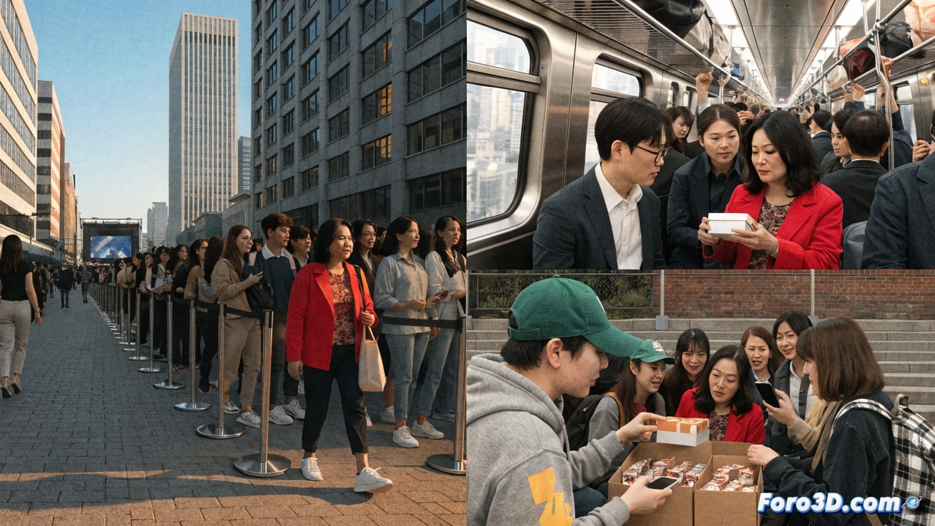 Cinematic scene of Lea Salonga standing in a long queue at Busan concert venue, holding a light stick like other fans, wearing casual fan attire, metro ticket visible in her hand, surrounded by crowd of BTS followers, no VIP access or shortcuts, sharing small gifts with nearby fans, photorealistic technical illustration, stadium lights in background, night atmosphere, warm glow from stage lights, crowd movement blur, demonstrating humility and equality during public event, respectful civic behavior highlighted, ultra-detailed facial expressions, realistic crowd density, dramatic low-angle shot