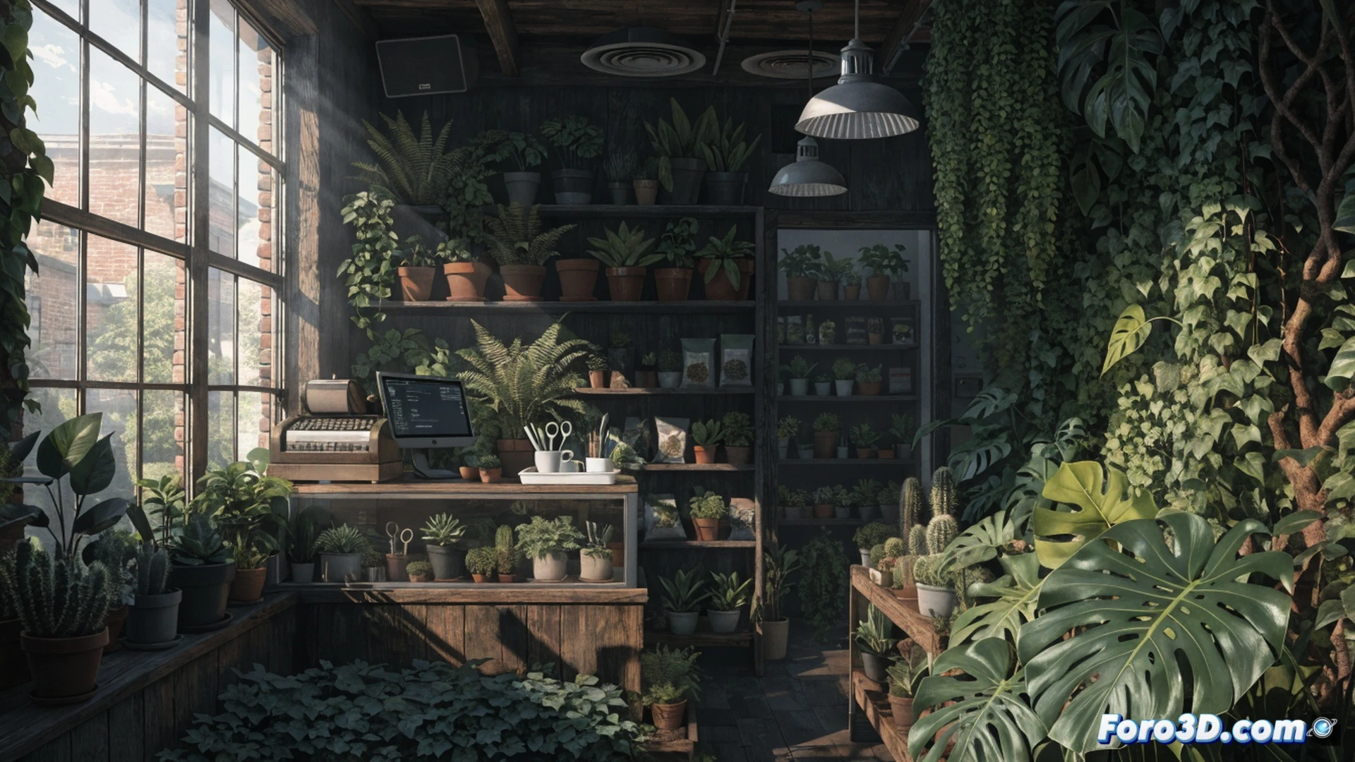 Simulador de tienda floral realista, personaje regando macetas con rociador metálico mientras cliente selecciona una planta en maceta de barro, mostrador de madera con pantalla táctil mostrando inventario, CPU compacta bajo el escritorio, luces LED de cultivo sobre estantes verdes, proceso de transacción digital en tableta, decoración con hiedra colgante, estilo cinematográfico, iluminación cálida de tarde, texturas orgánicas detalladas, render fotorrealista técnico.