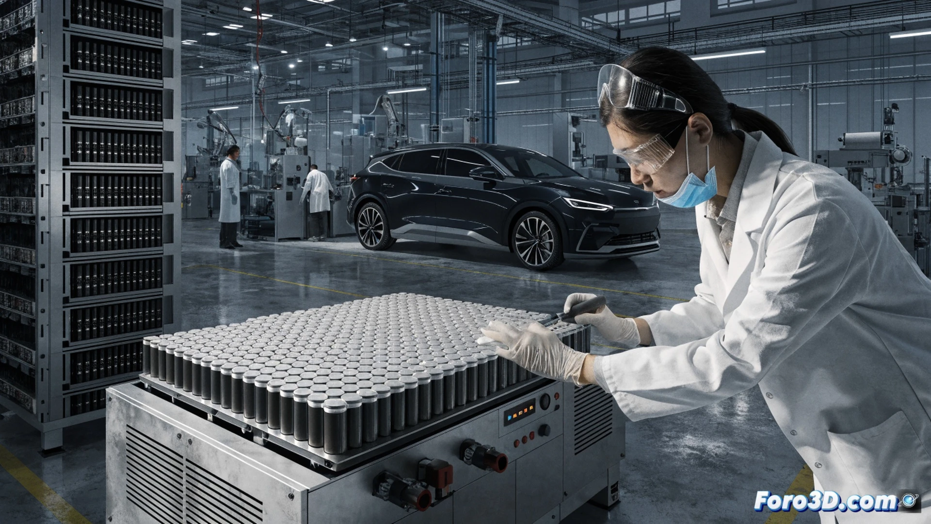 Industrial robotic arms assembling lithium-ion battery modules inside a bright cleanroom facility in Zaragoza, workers in white clean suits aligning battery cells on a conveyor system, holographic display showing 60,000 units annual capacity and 25 million investment figures, overhead cranes lifting finished battery packs for SUV B10 production, technical engineering visualization with precise mechanical joints, cable trays, and ventilation ducts, cinematic lighting with cool blue LED strips and warm overhead lamps, photorealistic industrial render, sharp focus on automated assembly process during battery stacking stage