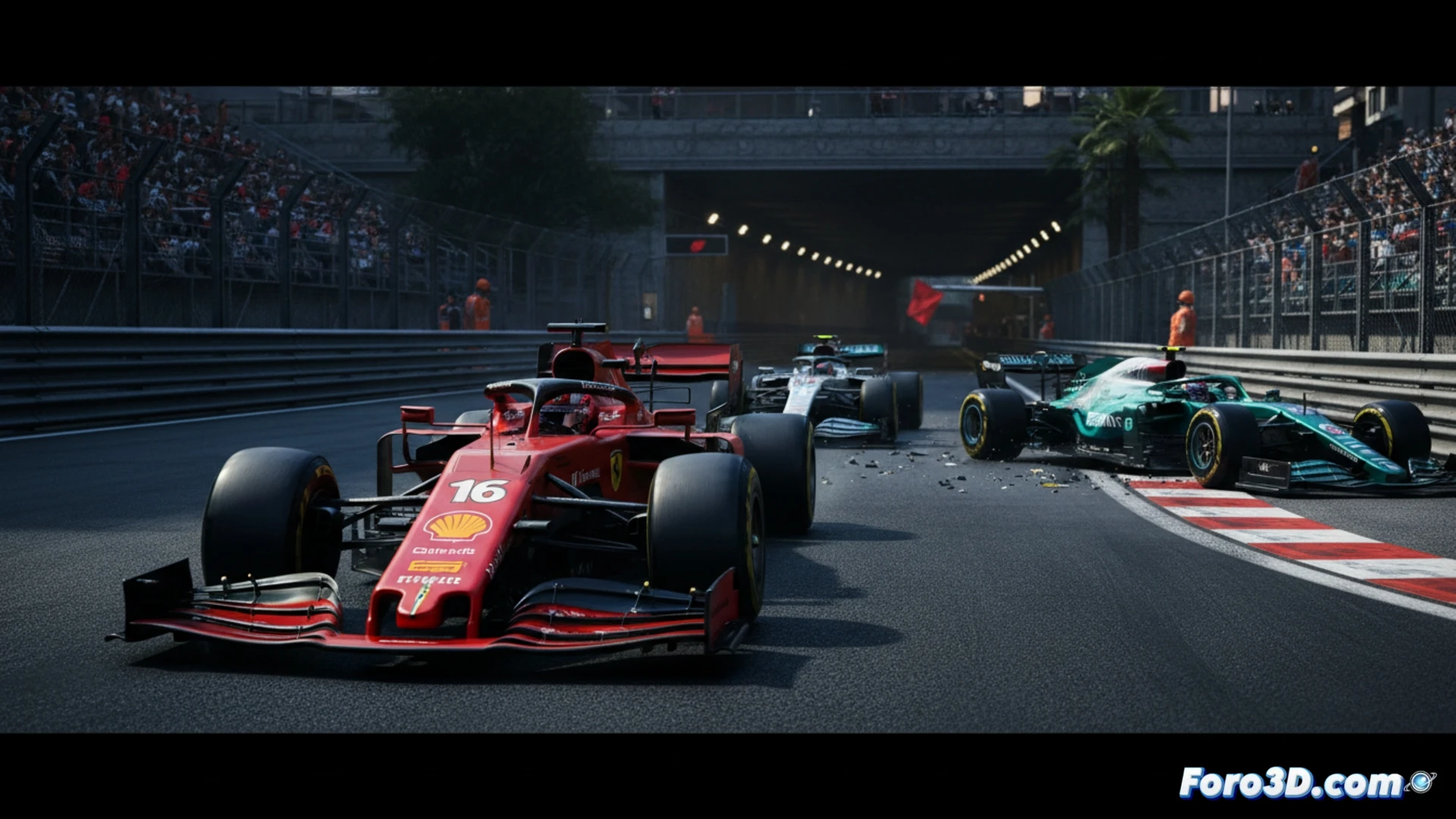 Ferrari SF-24 de Leclerc liderando en la curva Fairmont del circuito de Mónaco, humo azul del escape y chispas del difusor trasero al rozar el asfalto, mientras el Aston Martin de Alonso impacta contra las barreras de protección en la salida de la piscina, escombros volando y bandera roja ondeando en el puesto de comisarios, ingenieros en boxes observando telemetría en monitores con gráficos de velocidad y frenada, estilo fotorealista cinematográfico, luz mediterránea intensa, reflejos metálicos en los monoplazas, nubes de polvo y goma quemada, ultra detallado
