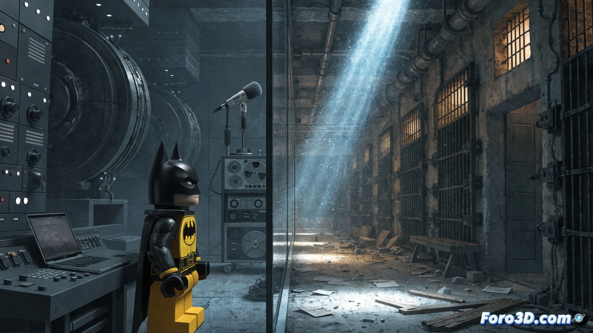 Lego Batman minifigure standing in Arkham Asylum security room, holographic audio console emitting blue light waves, spectral voice waveform of Kevin Conroy displayed on monitor, player hand pressing play button on controller, brick-built asylum walls with cracked tiles, security cameras and audio cables visible, dramatic contrast between colorful Lego environment and shadowy Batman figure, cinematic game screenshot style, emotive lighting casting soft glow on minifigure face, photorealistic Lego texture details, nostalgic tribute atmosphere