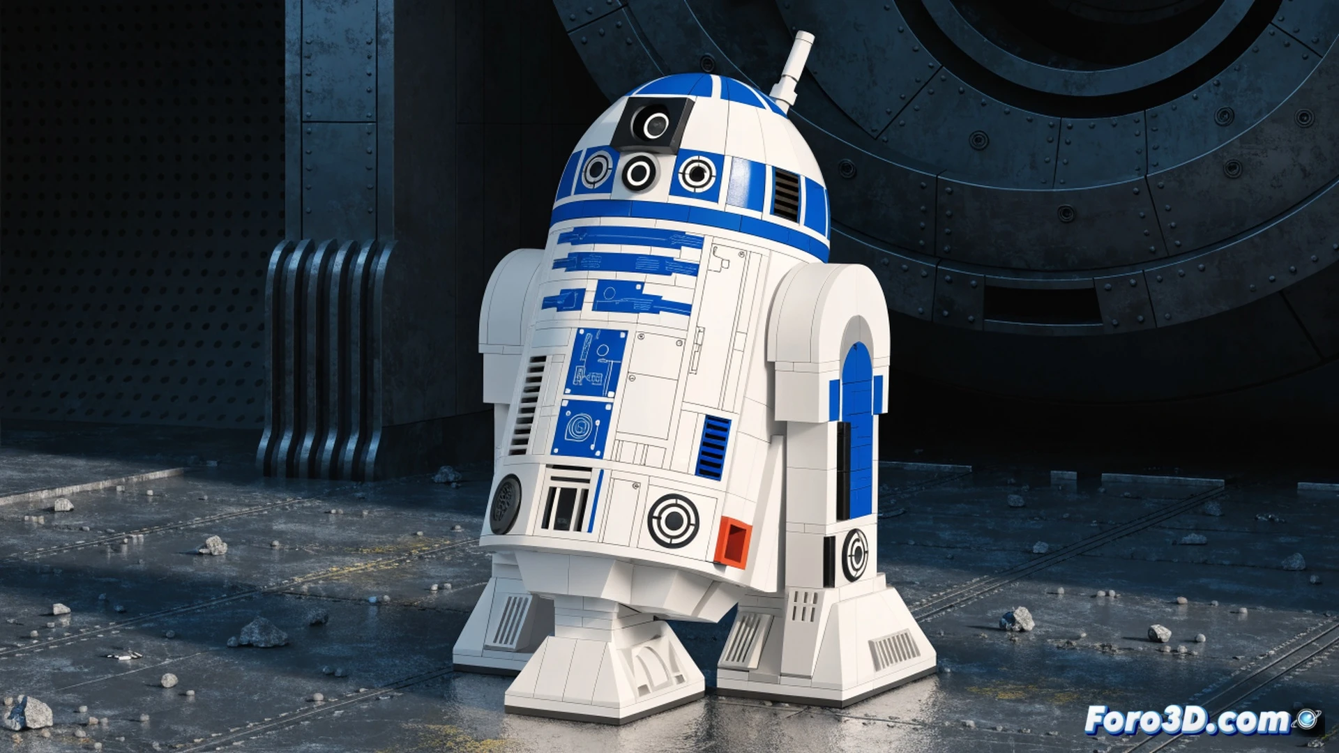 Lego Star Wars R2-D2 set being unboxed on a wooden table, Amazon discount tag hovering above with a glowing price reduction effect, droide mechanical parts partially assembled, tools like a brick separator and tweezers nearby, cinematic product photography style, soft studio lighting, metallic gray and white plastic pieces scattered, hand reaching to connect a dome component, photorealistic technical illustration, shallow depth of field, collector display box in background