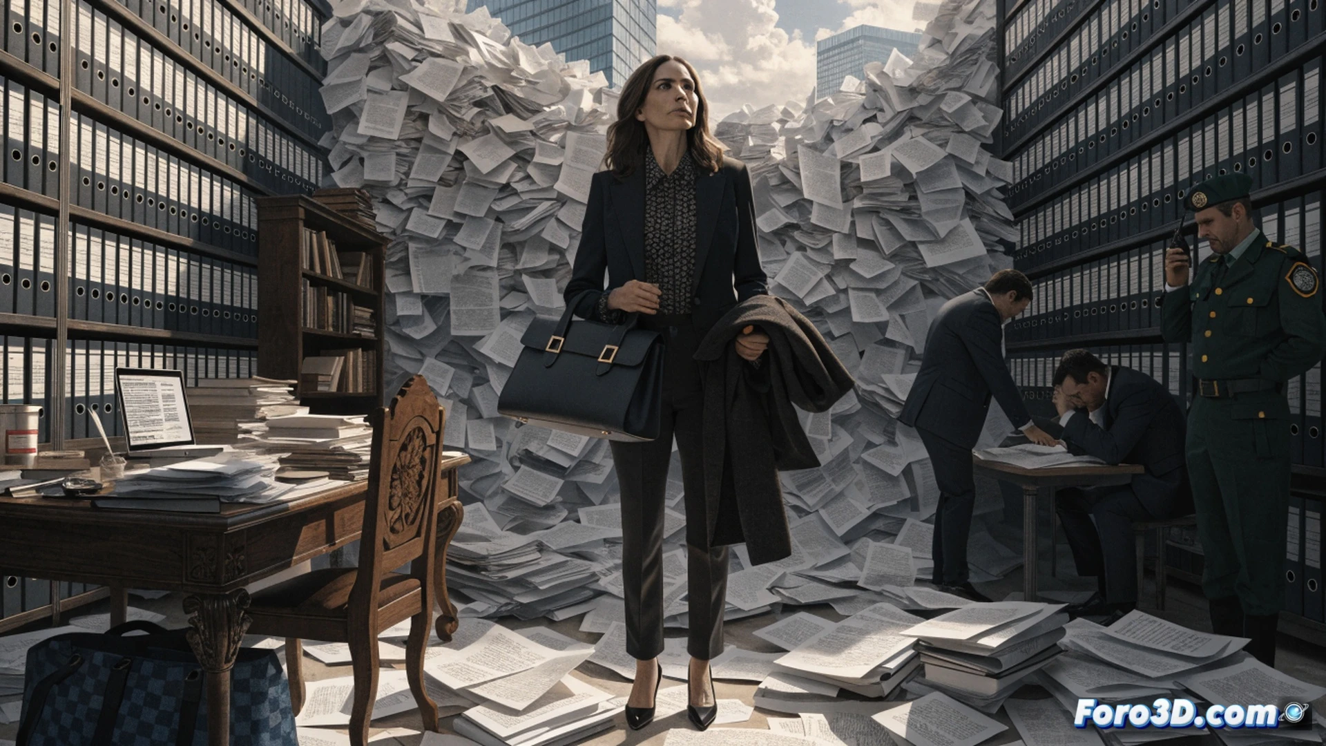 Estilo cinematográfico fotorealista, una mujer sola en una sala de juntas vacía, frente a una pantalla gigante que muestra un organigrama judicial en rojo con nodos desconectados y líneas punteadas rotas. Sobre la mesa, expedientes legales abiertos, un ordenador portátil con una ventana de software forense mostrando archivos de auditoría de gastos públicos, y una taza de café frío. Junto a la pantalla, un gráfico de barras descendente etiquetado como fondos asignados. La iluminación es fría desde arriba, sombras duras, reflejos metálicos en los dispositivos, atmósfera de abandono y fracaso.
