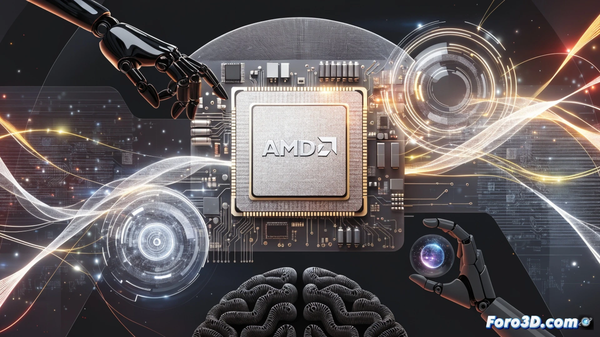 AMD-powered workstation running Lemonade v10.8 server, dual monitors displaying GitHub Copilot code completion and Claude Desktop chat interface, GPU cooler glowing blue during local model inference, audio waveform visualization showing real-time transcription, image generation pipeline with latent diffusion steps visible, no cloud icon present, closed lock icon hovering over data flow, technical illustration style, clean cable management, dark ambient room lighting with monitor glow, photorealistic engineering visualization, precise hardware details on VRAM usage and CPU cores