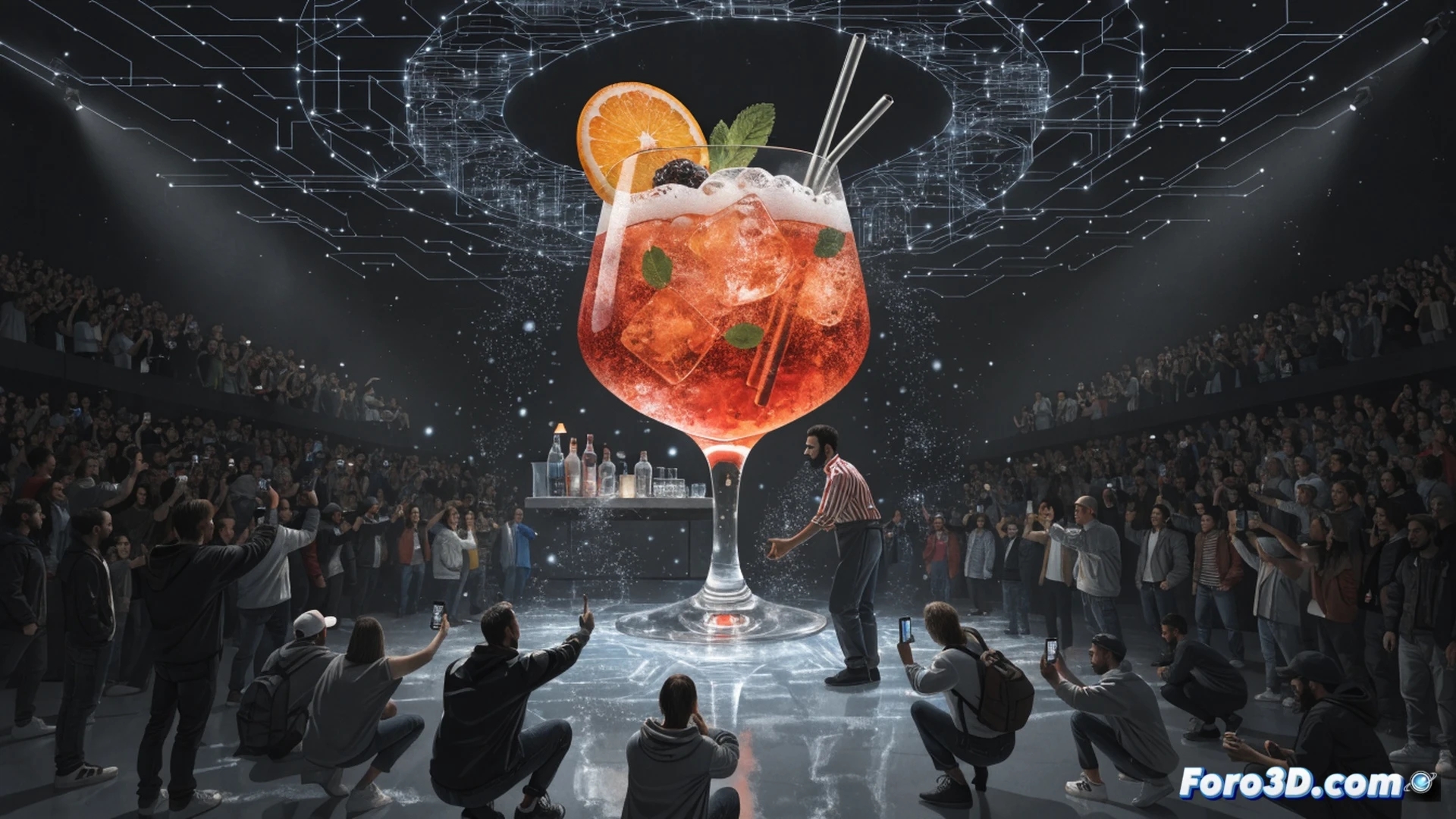 cinematic shot of a cocktail bar at night, a holographic 3D projection of a furious customer arguing mid-air above the bartop, glowing volumetric light beams emitting from a hidden projector under the counter, audience members reaching out to touch the hologram while their hands pass through the light, bartender adjusting a tablet controller with real-time motion capture software, neon reflections on polished metal surfaces, smoke machine haze enhancing light rays, photorealistic technical illustration, dramatic contrast between warm amber bar lights and cool blue hologram glow, ultra-detailed hardware components visible in the projection rig