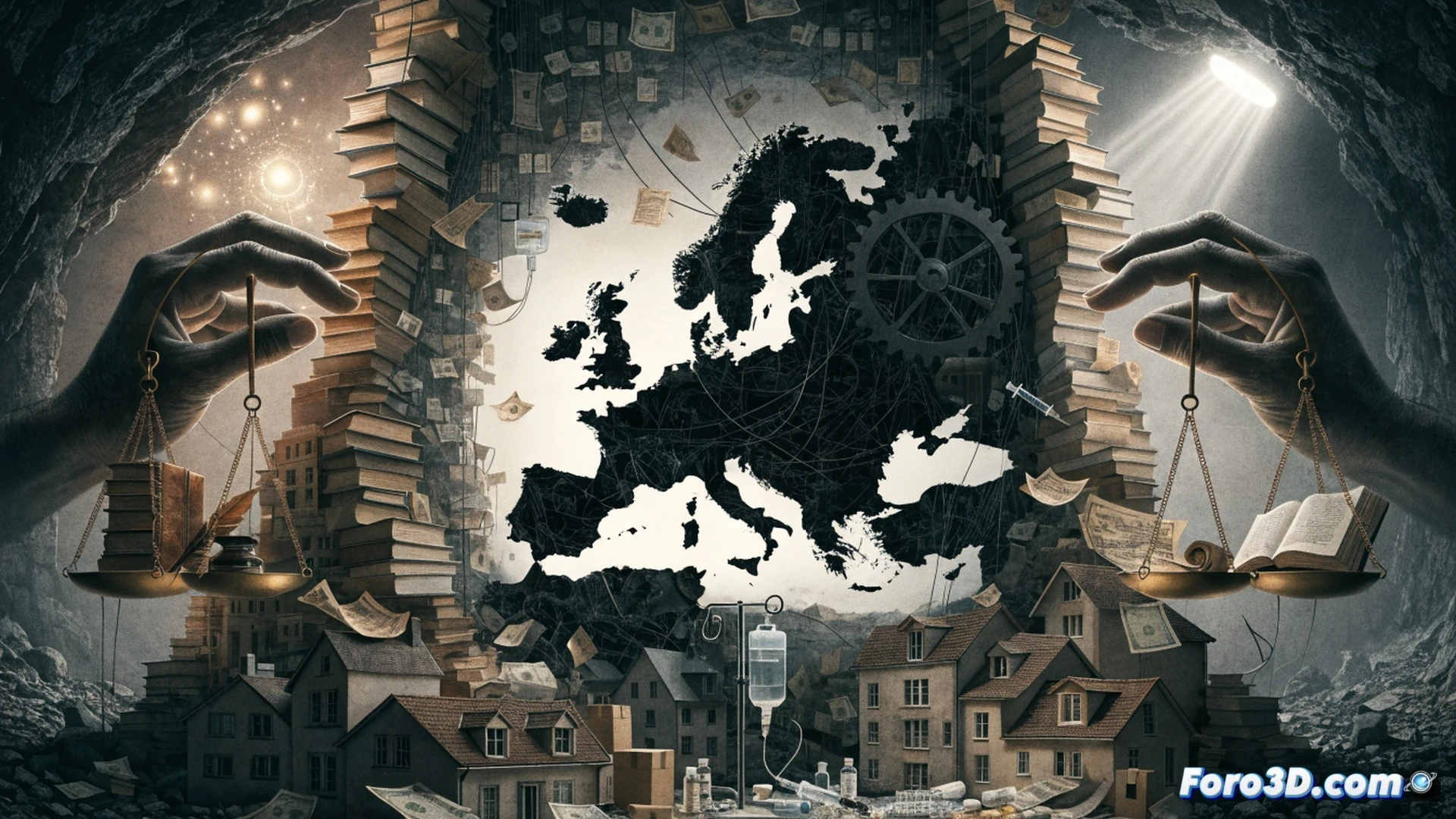 photorealistic technical illustration showing a European Union official desk with a stack of official language documents floating in midair, while a broken house model and a cracked medical cross lie abandoned on the floor, action of a politician reaching for the floating papers instead of the fallen objects, cinematic lighting casting long shadows, bureaucratic clutter of pens and stamps, dust particles suspended in air, cold institutional blue-gray tones, ultra-detailed textures of paper grain and wood, dramatic contrast between upper and lower visual planes, engineering visualization style