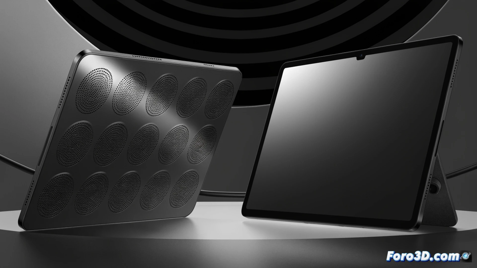 Lenovo Tab Plus Gen 2 tablet resting on a desk with its built-in 360-degree stand fully extended, the 22.7 mm rear hump clearly visible as a speaker enclosure, sound waves visualized as glowing concentric rings emanating from the nine speaker grilles, a pair of small headphones and a digital audio meter beside it showing peak levels, cinematic product visualization, dramatic side lighting casting sharp shadows across the textured back panel, photorealistic technical render, sleek metallic and matte plastic surfaces, demonstrating the device during audio playback.
