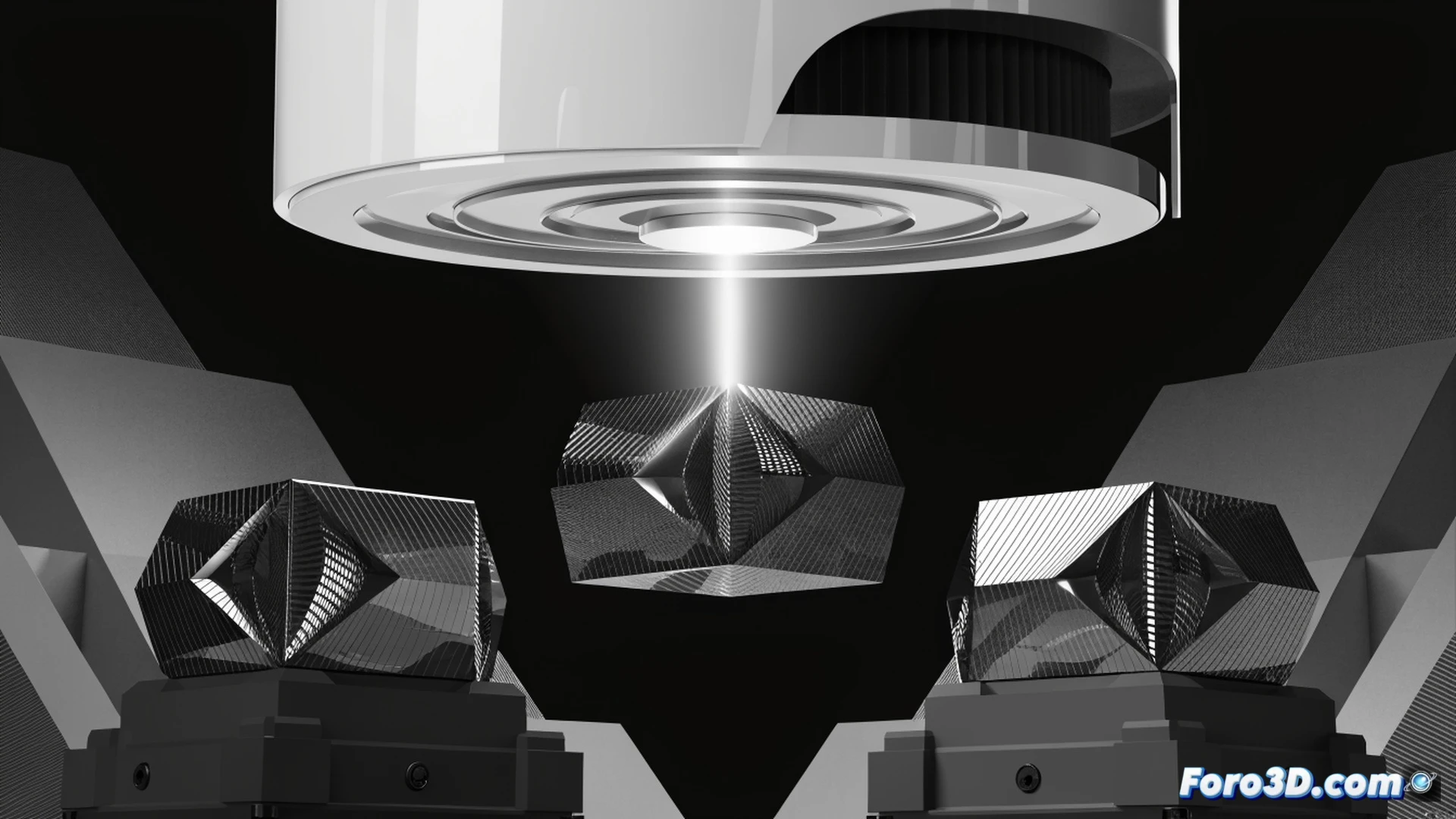 3D lens for millimeter waves being manufactured as a single solid piece, robotic arm removing complex multi-part assembly, transparent metamaterial structure with internal lattice visible, low-loss signal paths shown as glowing blue beams passing through lens, adjacent radar and drone communication equipment, photorealistic engineering visualization, clean white laboratory background, sharp focus on lens surface texture, technical lighting with soft shadows, ultra-detailed material reflections, cinematic industrial render