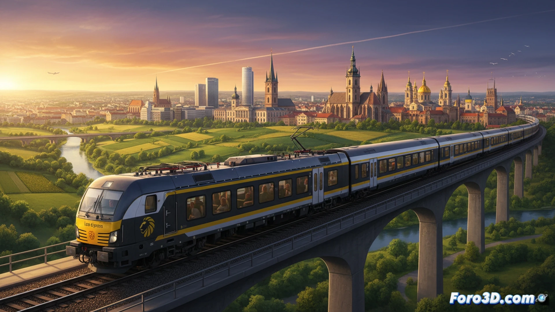 Modern Leo Express passenger train crossing a long railway bridge over a European river landscape, train interior visible through windows showing passengers using laptops with wifi signal icons, panoramic view of tracks stretching 1300 kilometers across Germany Czech Republic and Poland, train approaching Ukrainian border station, evening golden hour lighting, sleek white and blue train body with aerodynamic design, overhead power lines and railway signals, photorealistic cinematic style, ultra-detailed train exterior, dynamic motion blur on wheels, technical engineering visualization