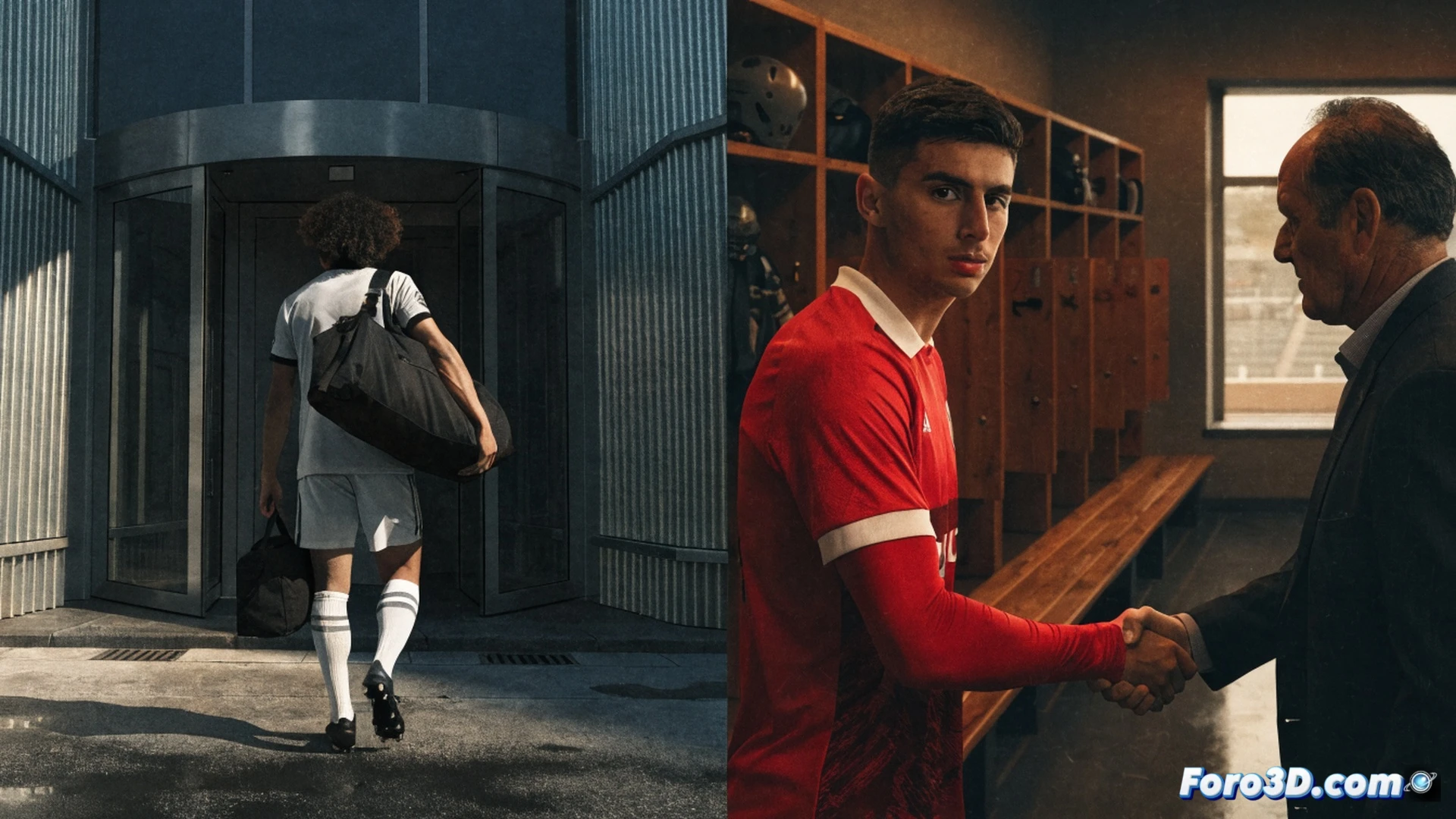 photorealistic technical illustration of a soccer jersey being pulled off a mannequin, leaving a faded CD Manchego emblem on the pitch, while a reinforced Villarrubia team crest is being bolted onto a steel support structure, engineering drawing tools and blueprints scattered on a tactical whiteboard, dramatic stadium floodlights casting long shadows, action of dismantling and assembly shown simultaneously, cinematic sports engineering visualization, ultra-detailed fabric texture and metallic hardware