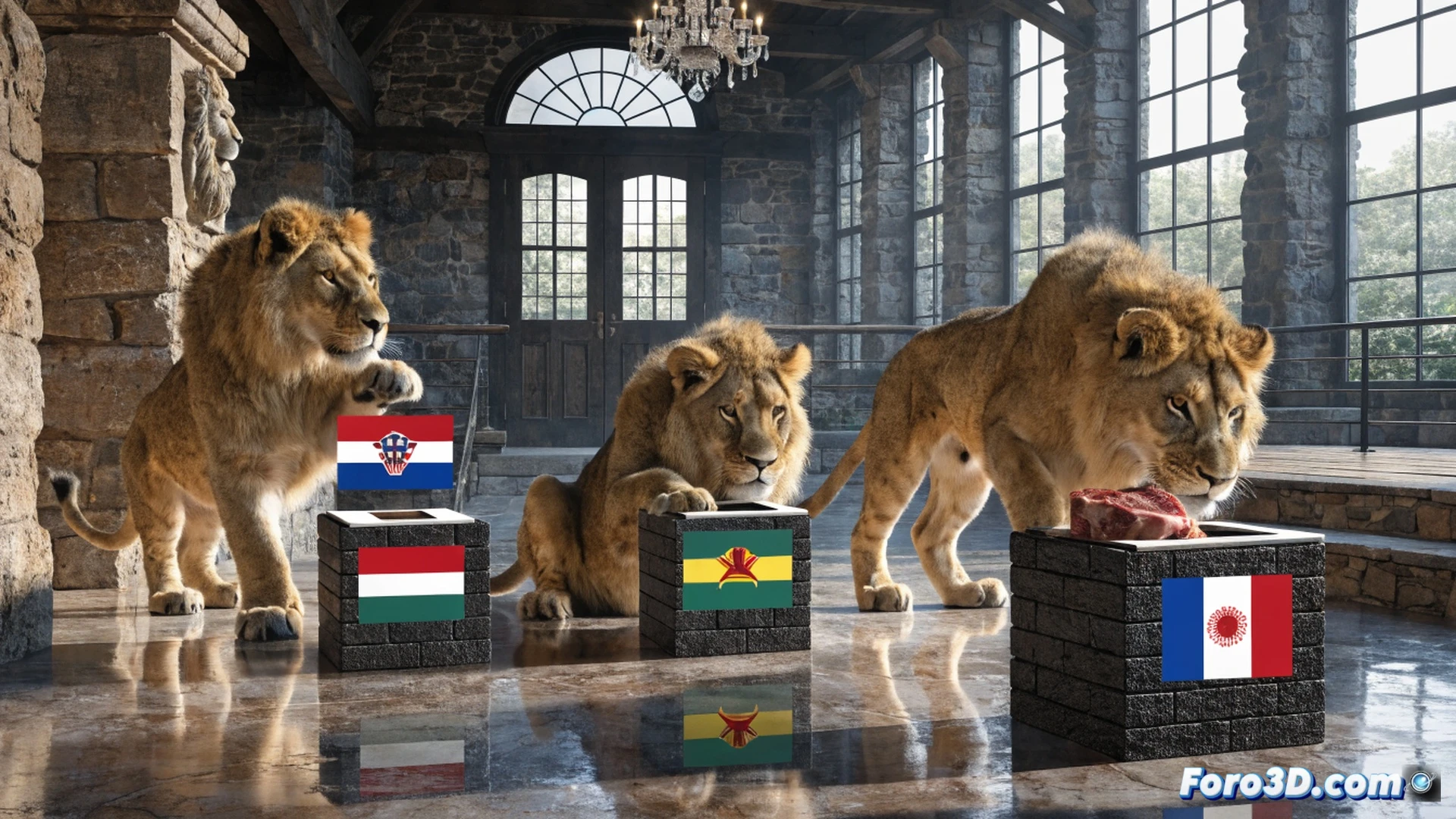 Three large lions in a grassy enclosure pawing at wooden crates painted with national flags, one crate with a red cross on white tilting as a lion bites its corner, another crate with a green and yellow stripe being nudged by a lion’s head, a third crate with a red and blue stripe remaining untouched, metal meat hooks visible on a nearby fence, a keeper in a khaki vest holding a clipboard observing the process, cinematic wildlife photography style, golden afternoon sunlight casting long shadows across the grass, photorealistic animal fur detail, shallow depth of field focusing on the lions’ expressions, dramatic natural lighting, ultra-detailed textures of fur and wood grain