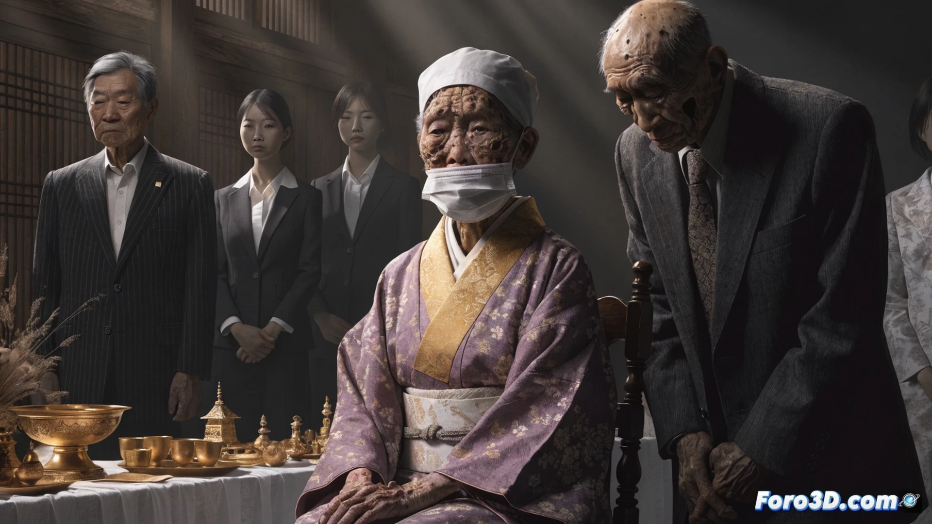 Japanese leprosy survivors in traditional wooden wheelchairs facing a modern government building, empty ceremonial podium with wilted cherry blossoms, abandoned family photographs scattered on wet concrete, cold bureaucratic shadows stretching across the scene, hands reaching toward sealed document folders, cinematic photorealistic style, dramatic overcast lighting, deep gray and muted sepia tones, high contrast between polished glass facade and cracked pavement, symbolic emptiness of official gestures, ultra-detailed textures of aged skin and worn fabric, melancholic atmosphere with no visible text or numbers