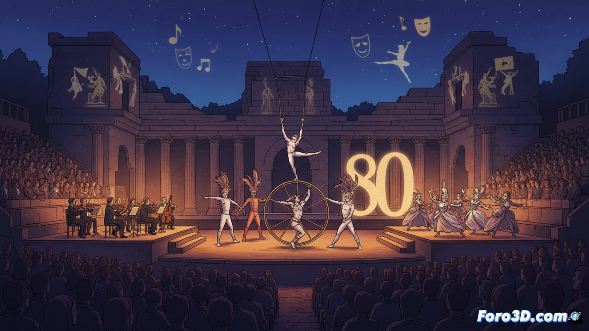 Ancient Roman theatre stage at dusk, aerial performers from Circa circus suspended mid-air on silk ropes, actors in masks and period costumes moving across stone steps, modern lighting rigs and speakers mounted on ancient columns, audience seated on restored stone bleachers, cinematic night scene, warm amber stage lights contrasting with deep blue twilight sky, photorealistic architectural render, dramatic shadows on weathered stone, motion blur on spinning acrobat, technical precision in lighting equipment details
