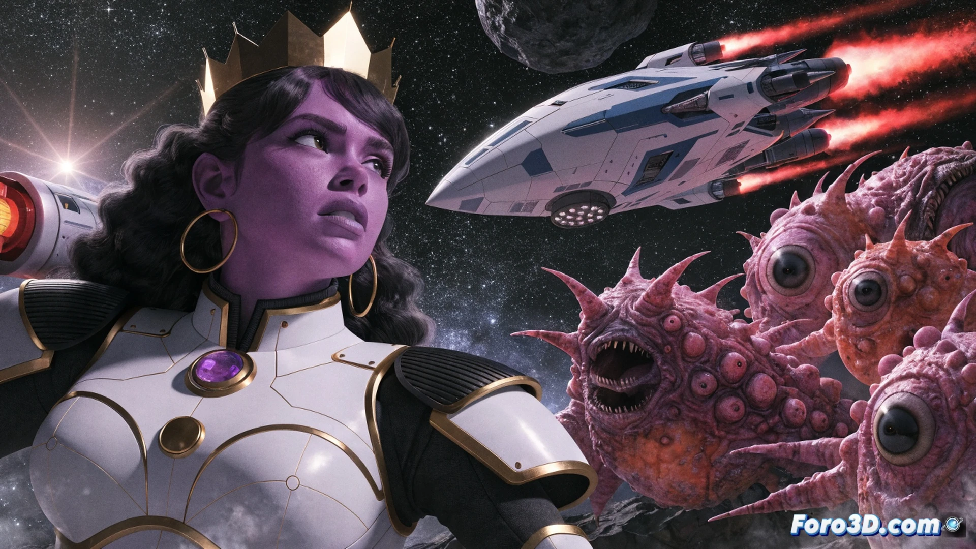 futuristic spaceship interior with floating holographic star map, princess Saira in colorful space armor pushing a comically oversized button while her alien sidekick holds a glowing map, rainbow laser beams firing in background during a chase sequence, cinematic animation style, vibrant neon lighting on metallic surfaces, dramatic action pose with motion blur on laser trails, diverse character designs including non-binary robot crew member, retro-futuristic control panels with blinking lights, stylized sci-fi aesthetic with cel-shaded textures, glowing particle effects around the characters, wide-angle lens perspective showing cockpit chaos, celebratory pride flag color palette subtly integrated into lighting