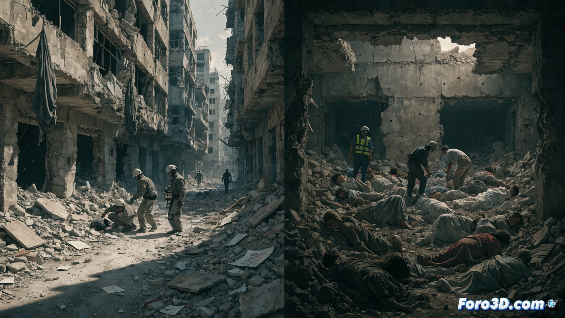 rescue workers in orange vests pulling debris-covered bodies from collapsed concrete buildings in southern Lebanon, smoke rising from distant bombed structures, twisted metal rebar and broken solar panels scattered across rubble, a bulldozer clearing shattered stone blocks, dust-covered ambulance stretchers being loaded, cinematic photorealistic war zone documentation, hazy beige smoke atmosphere, harsh midday sun casting long shadows, high-angle wide shot showing destruction scale, emergency lights flashing on vehicles, realistic debris textures, dramatic humanitarian crisis visualization