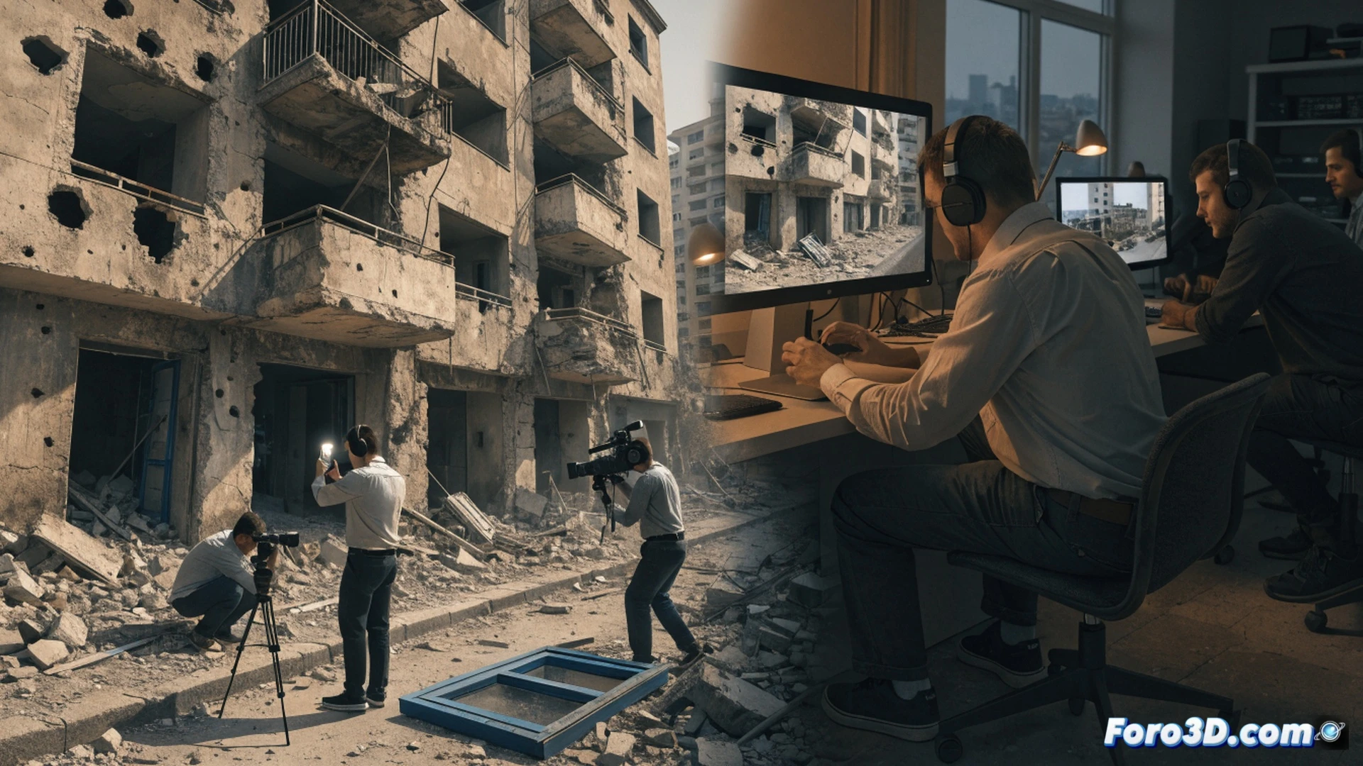 Investigadores libaneses documentando meticulosamente daños de guerra, un técnico usando tableta digital con software de mapeo de daños 3D, otro midiendo grietas en pared de concreto con escáner láser portátil, escombros de edificios destruidos al fondo, cámara de video sobre trípide grabando evidencia, papeles y planos arquitectónicos sobre mesa plegable, luz solar filtrándose entre polvo, expresión concentrada, estilo fotorrealista cinematográfico, texturas de hormigón roto y metal retorcido, iluminación dramática de atardecer, profundidad de campo limitada, ultra detallado.
