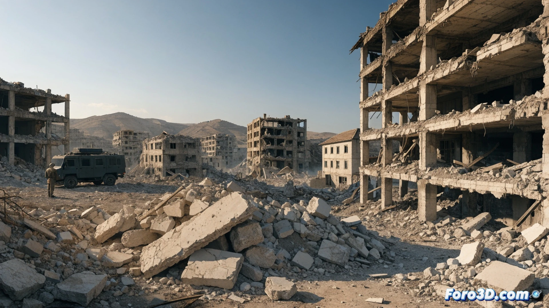 UN peacekeepers in blue helmets using tablets and measuring tools to document damaged residential buildings in southern Lebanon, collapsed concrete structures, twisted metal rebar, shattered windows, rubble piles, cracked roads, families standing near makeshift tents in the background, dusty debris scattered on the ground, bright midday sunlight casting harsh shadows, photorealistic documentary style, wide-angle shot capturing scale of destruction, humanitarian crisis scene with visible data collection process, realistic textures of war-torn urban landscape