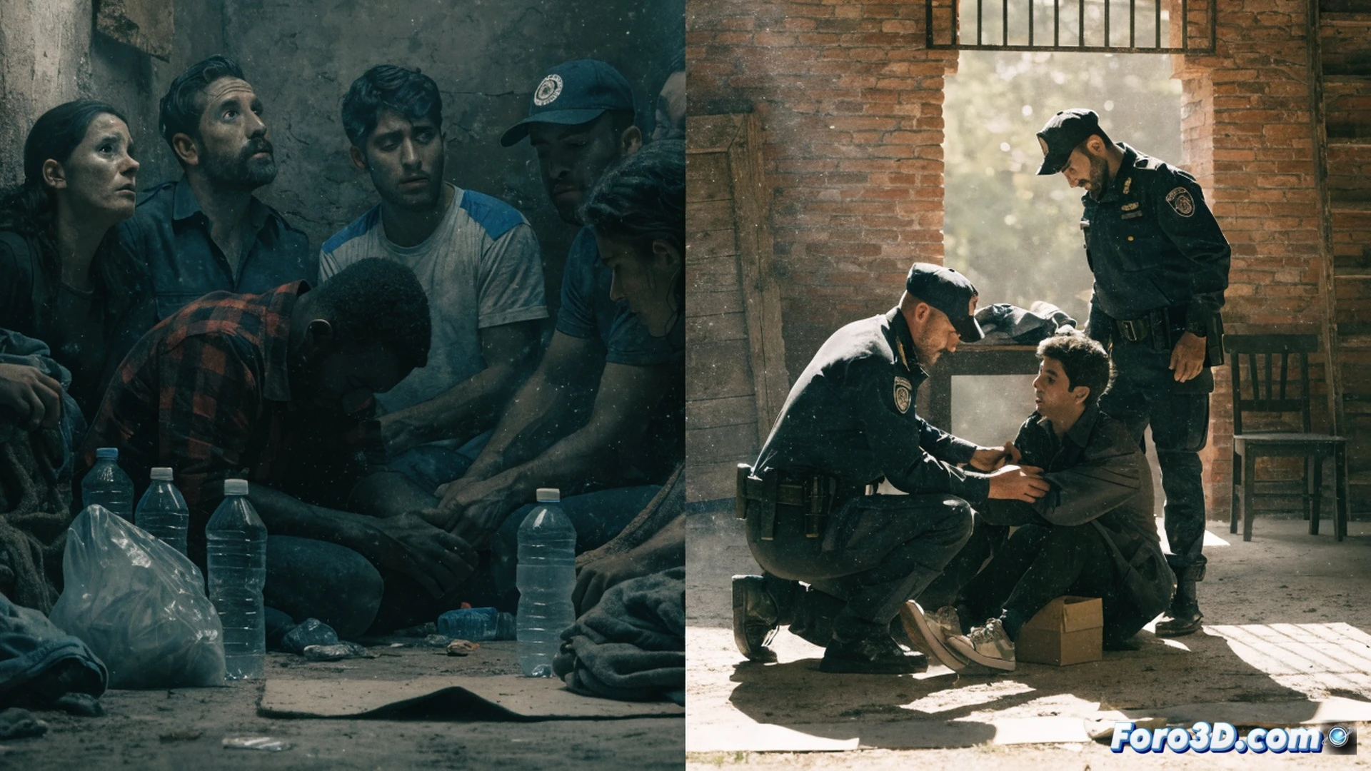 Guardia Civil officers entering a dimly lit warehouse in La Rioja, eight exhausted workers sitting on makeshift beds, hands cuffed behind a suspect while another agent reviews payroll documents on a tablet, overcrowded sleeping area with mattresses on concrete floor, broken industrial machinery in background, cinematic photorealistic style, dramatic chiaroscuro lighting from emergency vehicle lights outside, dust particles in air, worn work boots scattered, realistic textures on walls and clothing, tense action frozen in time, ultra-detailed human expressions of relief and exhaustion, technical evidence markers on floor