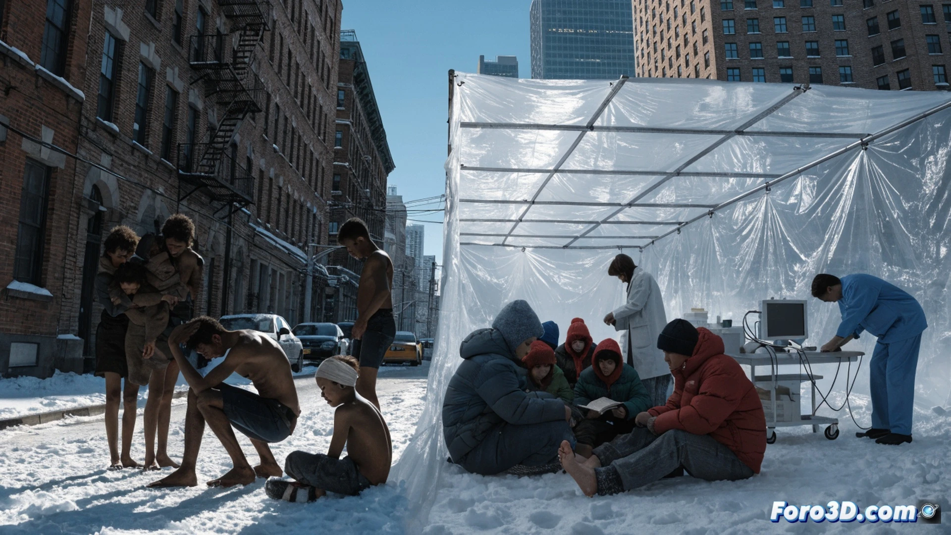 Photorealistic cinematic scene of a chain-link fence gate opening onto a snow-covered field at night, a group of migrants in thin clothing stepping out into blizzard winds, ICE officers in warm jackets standing behind the gate watching without intervention, no shelter or transport visible, one person clutching a thin blanket while another shivers with visible frost on their collar, freezing breath plumes, harsh floodlights from a detention facility casting long shadows, snow accumulating on exposed skin, dramatic cold-blue color grading, high-contrast industrial lighting, ultra-detailed fabric textures and ice crystals, documentary-style human crisis visualization